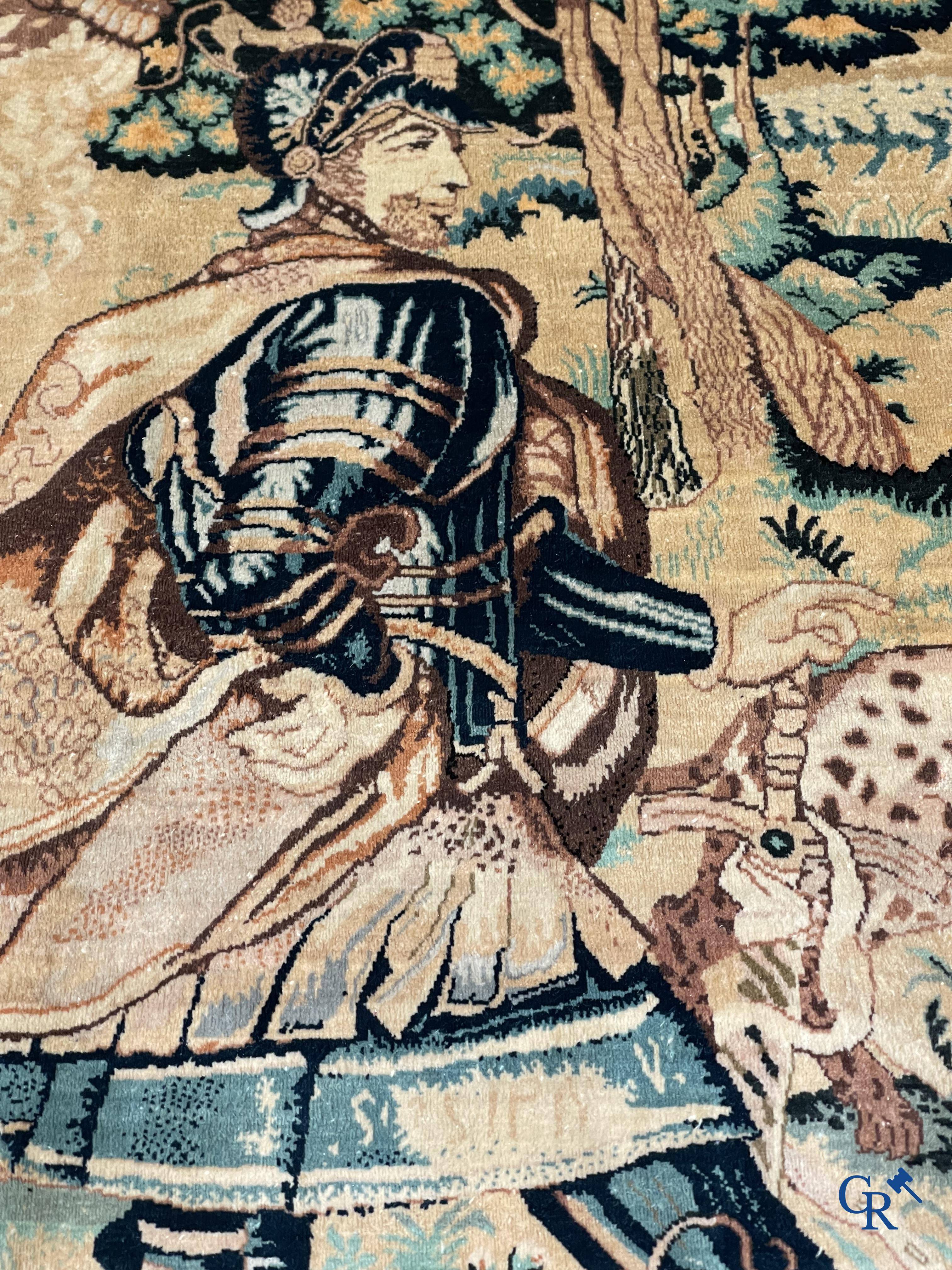 Oriental carpets, a finely knotted silk tapestry with Renaissance scenes. Signed.