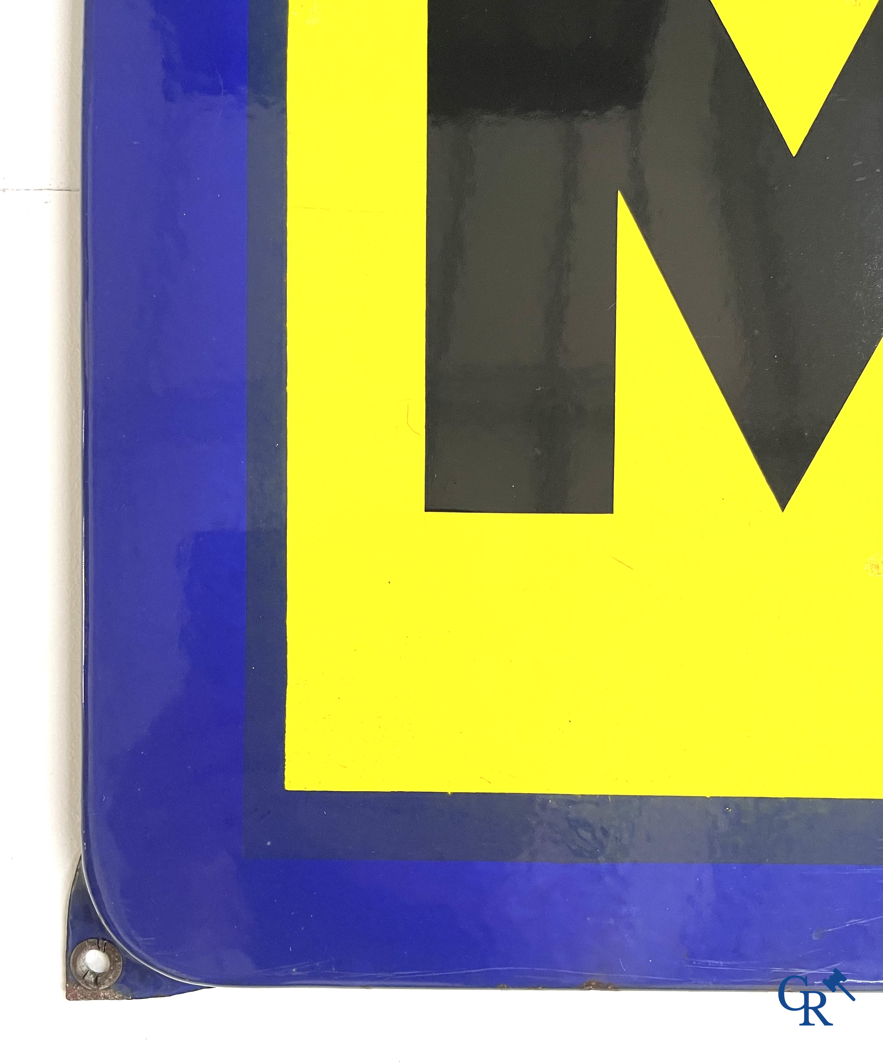 Michelin, large enamel advertising sign with yellow and blue background for Michelin tyres. Emaillerie Belge, 1958.