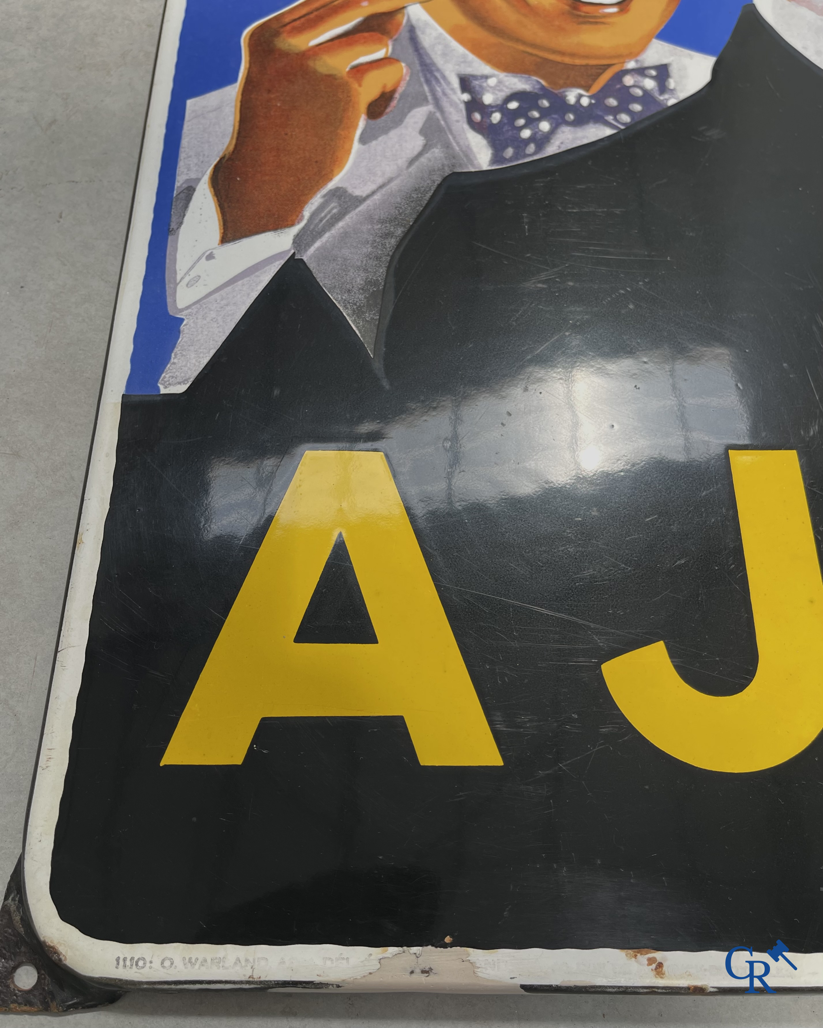 AJJA, Enamel advertising sign for AJJA tobacco products. Emaillerie Odon Warland. T.P. Bruxelles 1952.