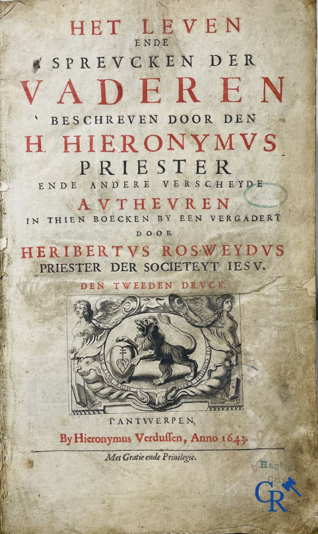 Early Printed Books: Rosweydus, Heribertus. Het Leven ende spreucken der Vaderen described by St. Jerome. 1643.