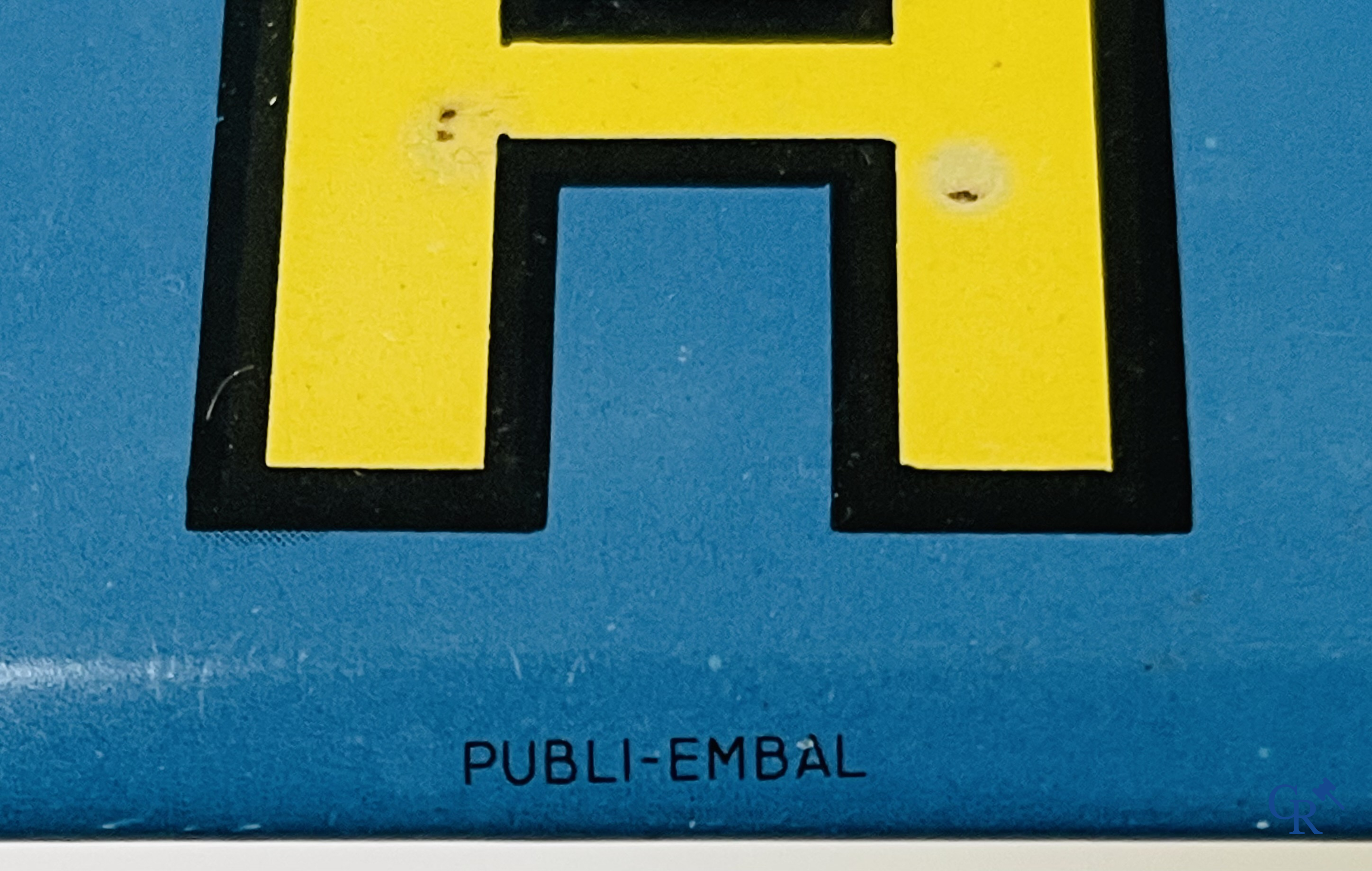 Helder, Advertising sign in printed metal for Lamot spray water. Taxe payée Bruxelles 111/5/1955.