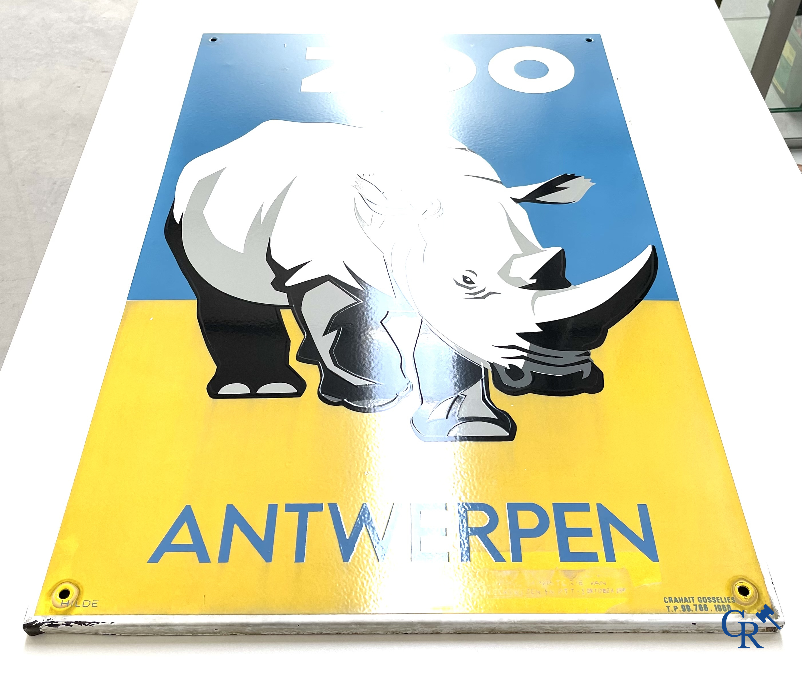 Zoo Antwerpen, Enamel advertising sign with a rhino for the Antwerp Zoo. Emaillerie Crahait, Gosselies, 1968.