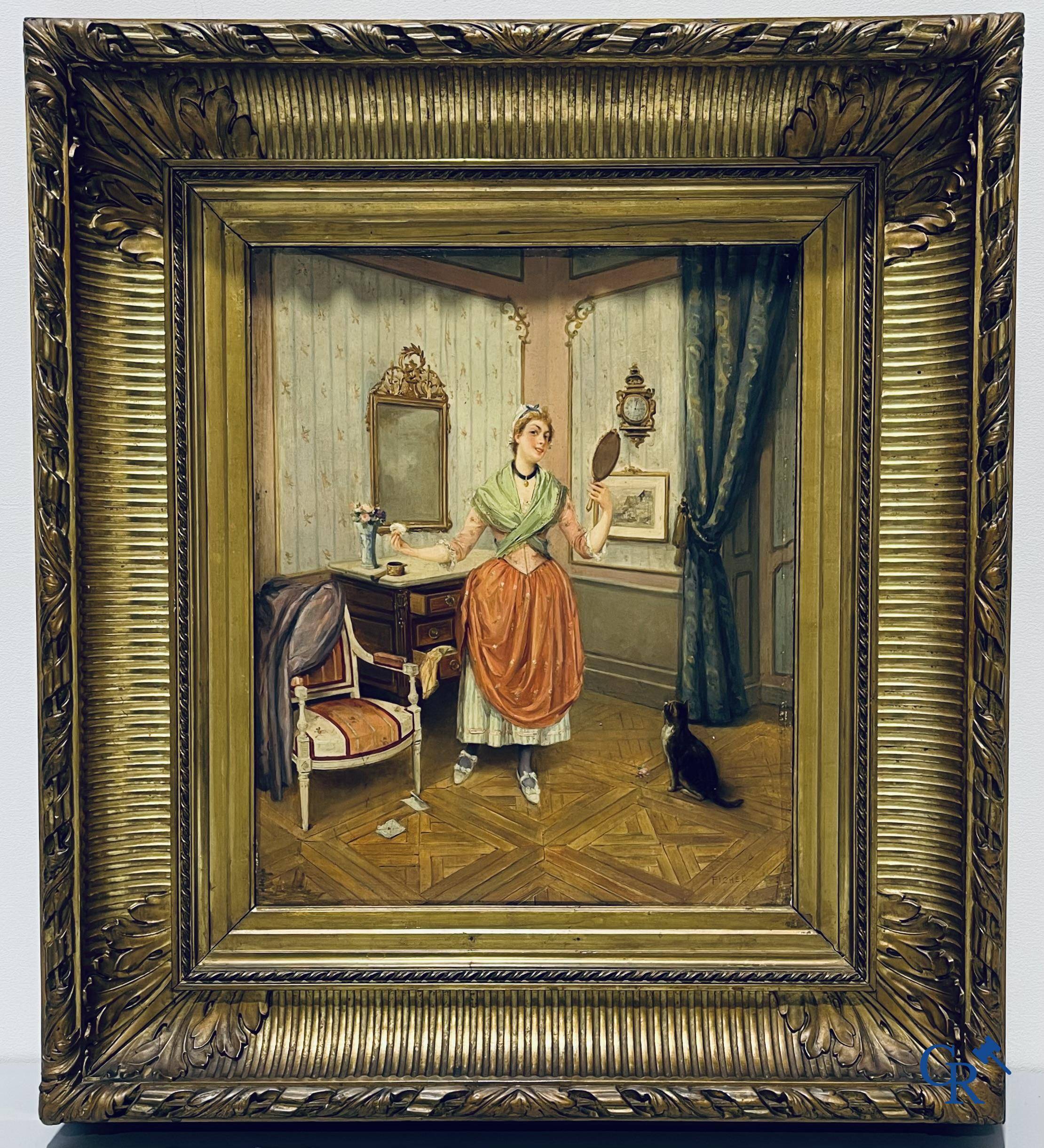 Eugène Benjamin Fichel (1826-1895) Romantic scene with beautiful gilded frame, oil on panel.