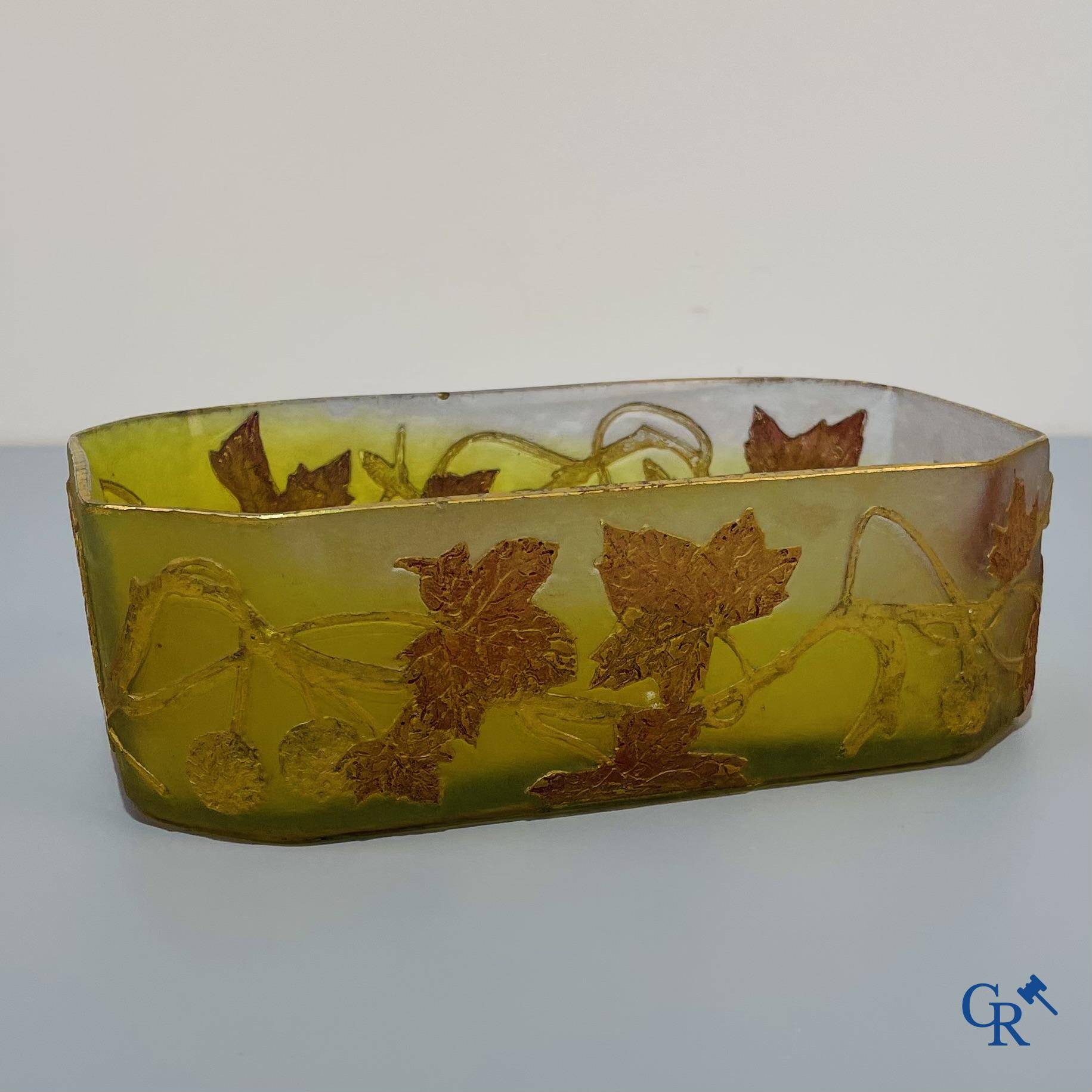 Daum Nancy. Large jardiniere in cameo glass with a decor of chestnut branches on a yellow relief background.
