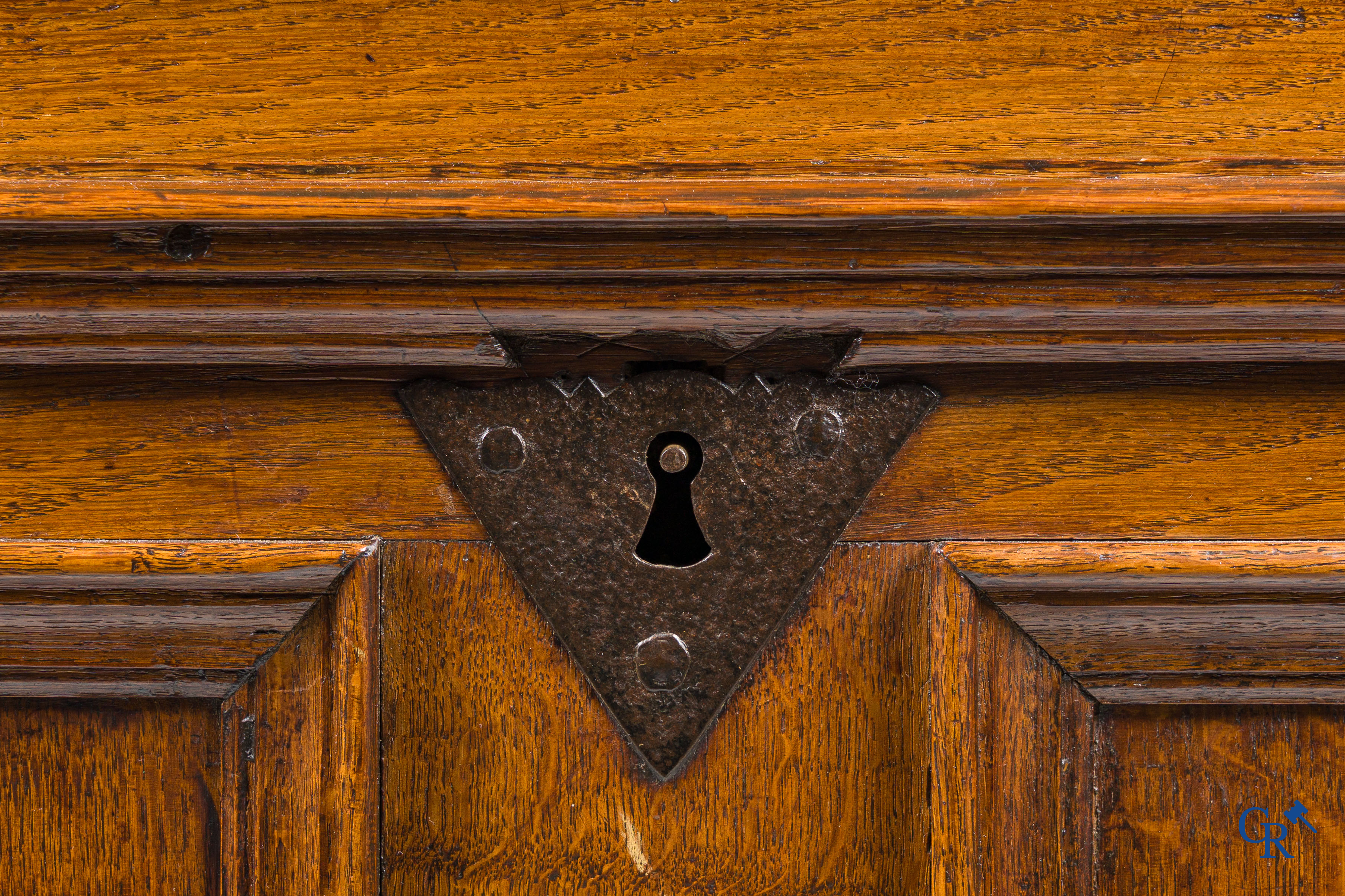 Oak trunk with original wrought iron lock work. Beautiful patina. 18th century.