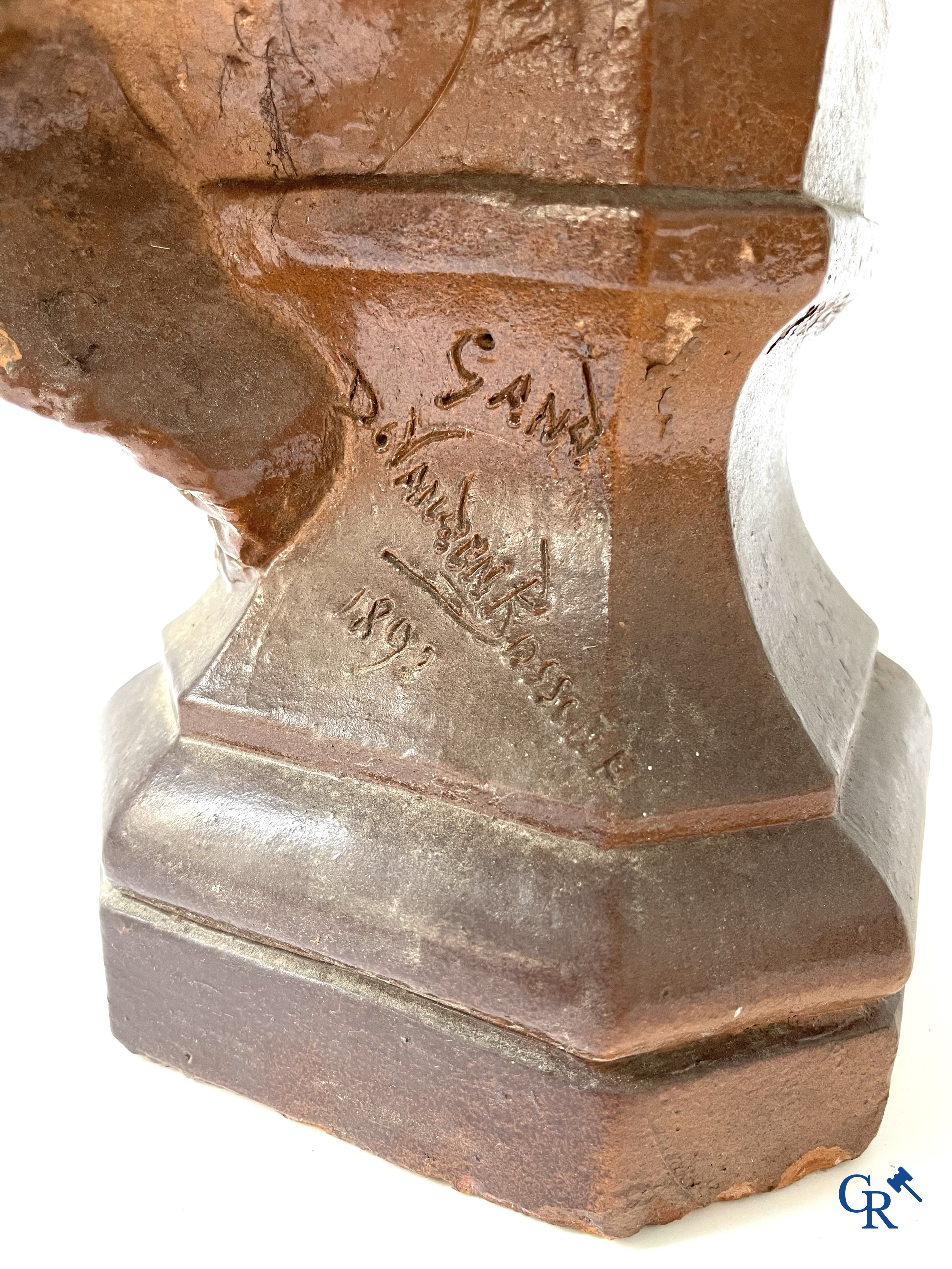 Don Van Den Bossche. Diane, bust in patinated terra cotta. Signed and dated Gand 1892.