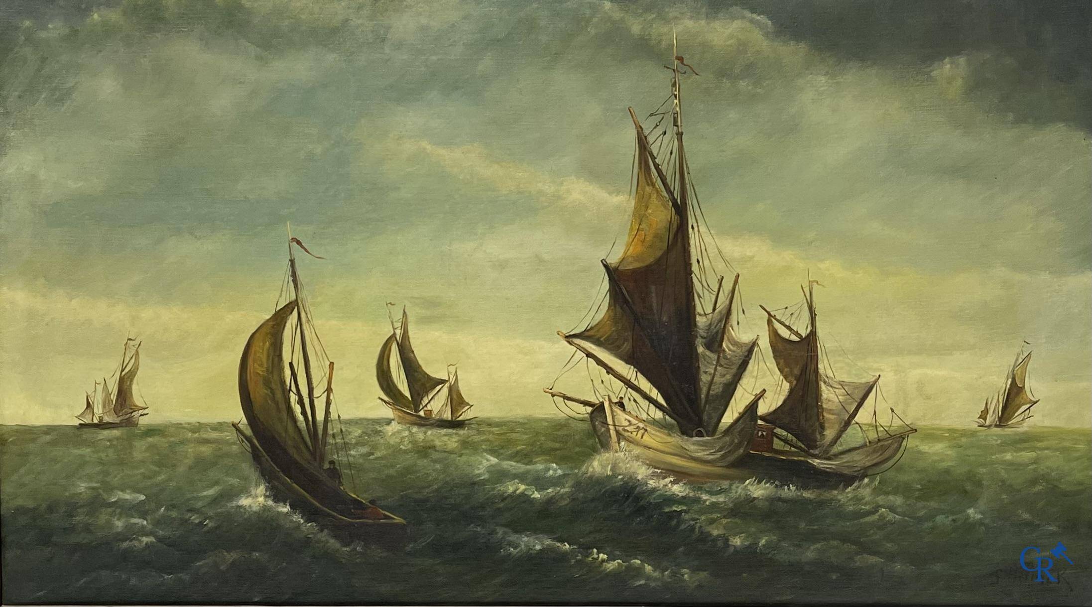 Gustave Helinck (1884-1954) Large naval painting in a richly decorated frame.