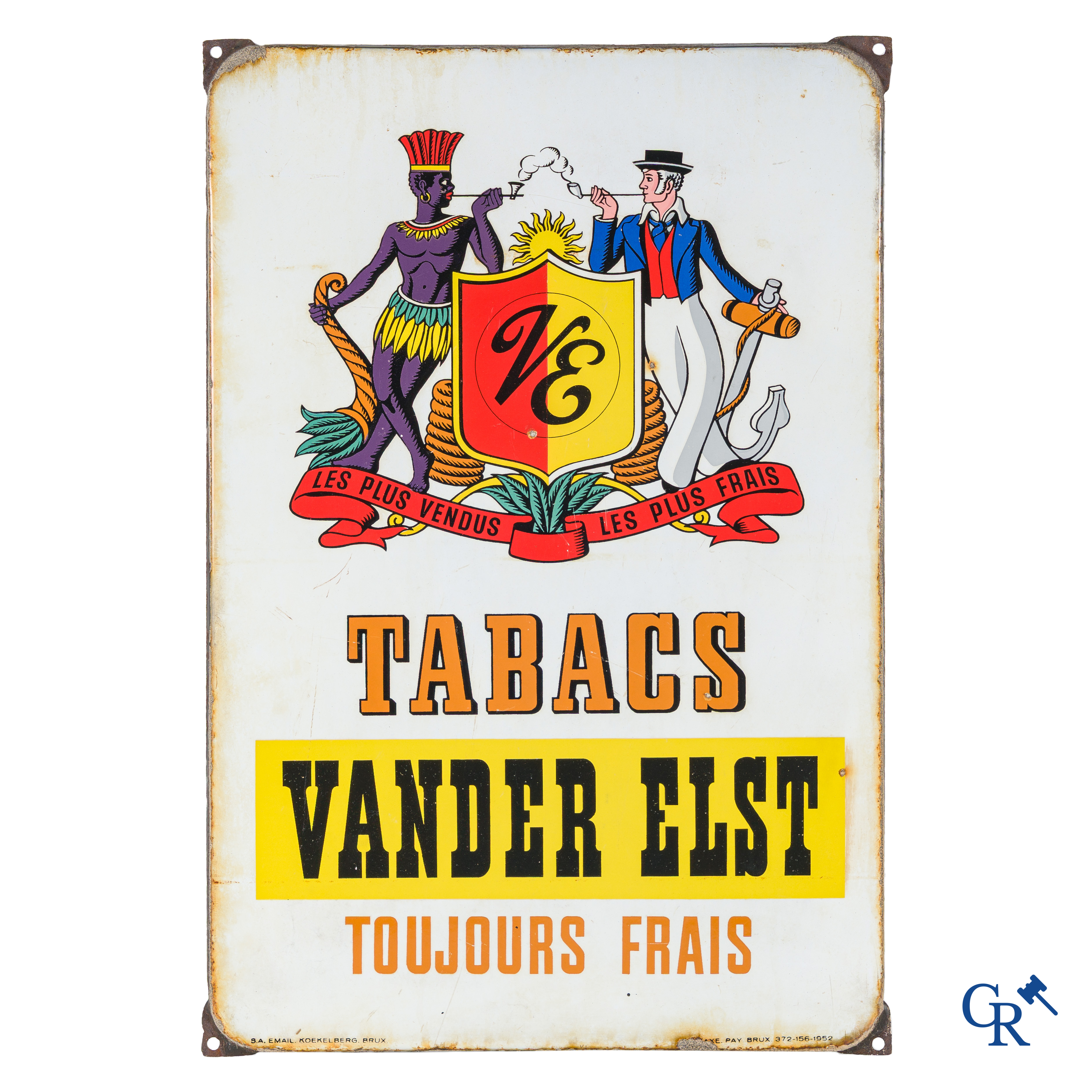 Tabacs Vander Elst. Emaille reclamebord voor de tabaksfabriek Tabacofina-Vander Elst of "Den Belga" 1952.