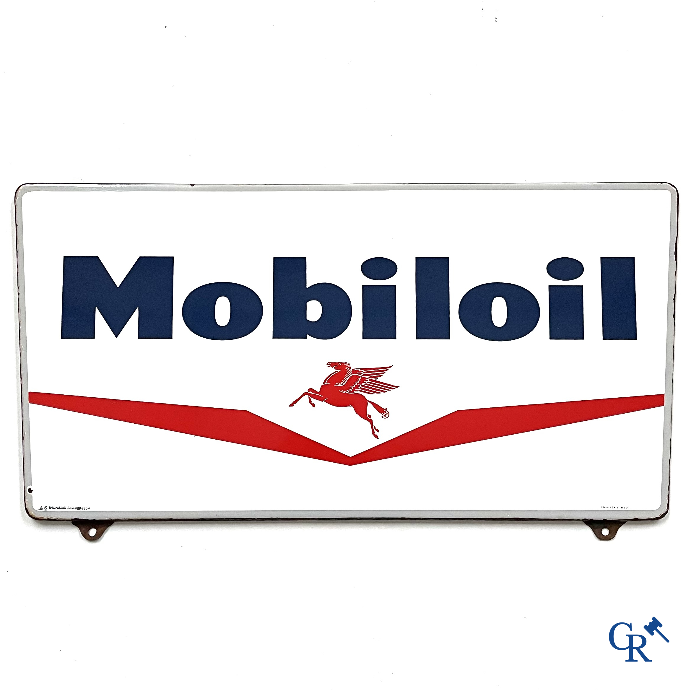 Mobiloil, Enamel advertising sign with grey border and the Mobiloil Pegasus. Emaillerie Belge, T.P. Bruxelles 1953.