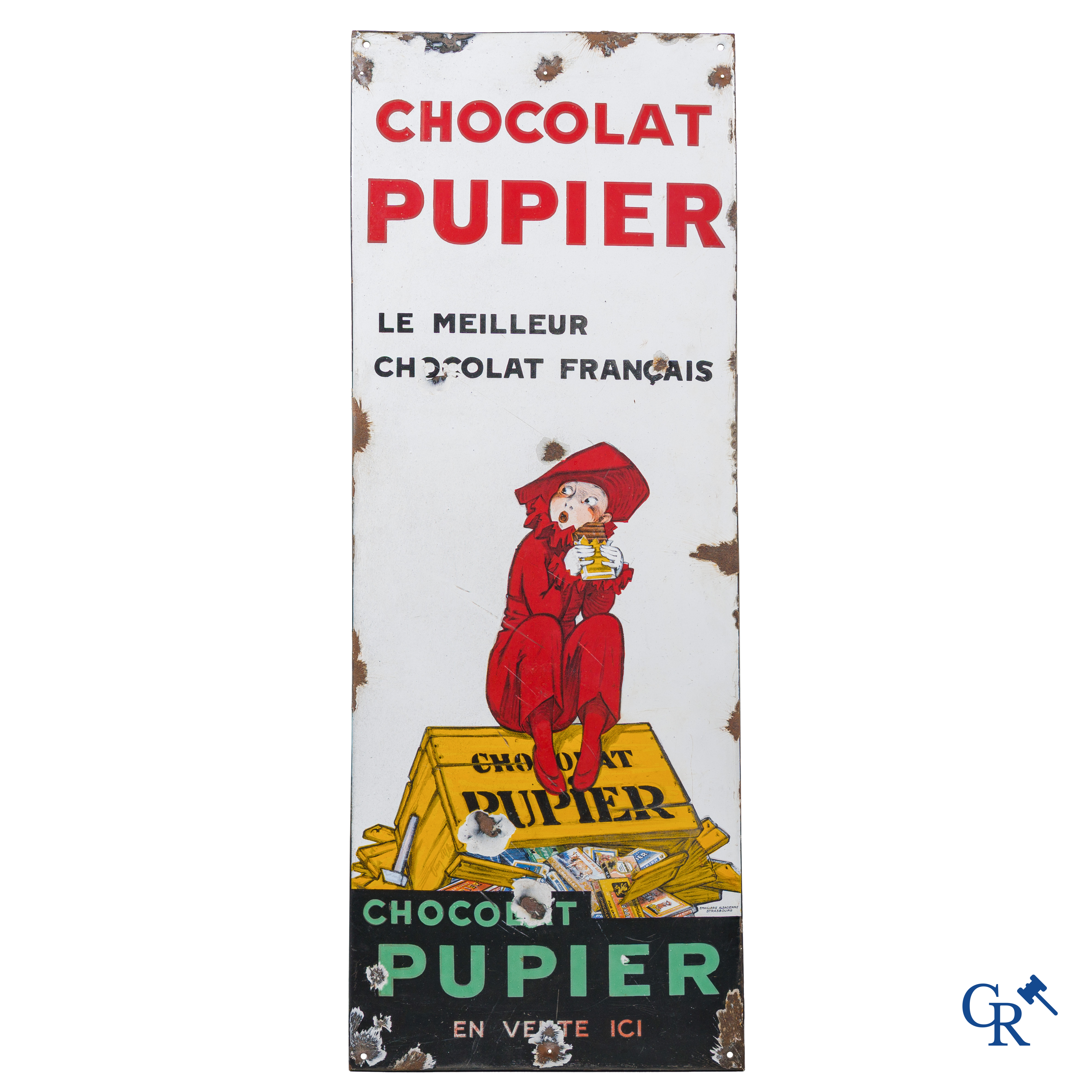 Chocolat Pupier, Enamel Advertising sign illustrated with the character designed by Jean D'Ylen. 1930's.