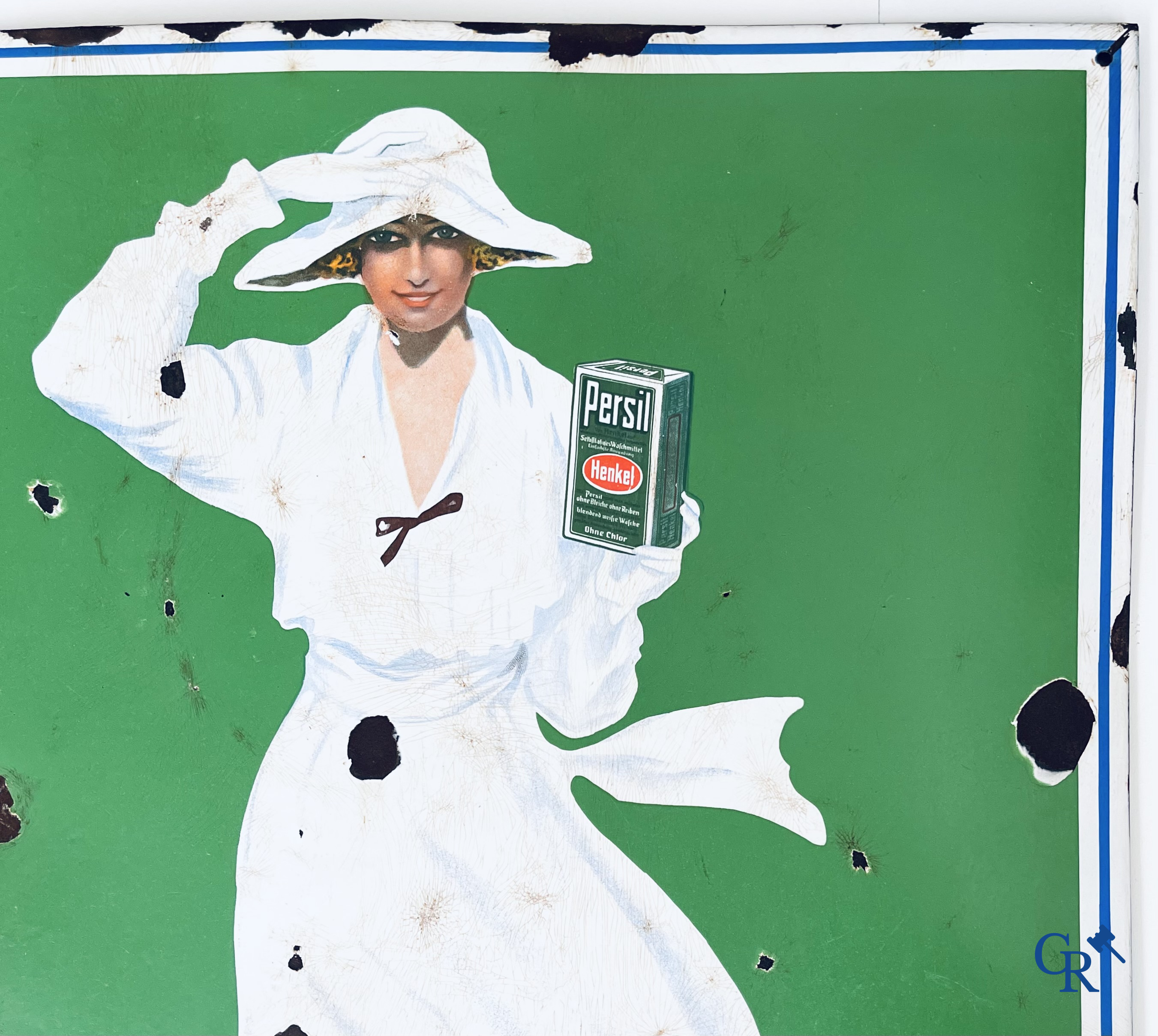 Persil, Groot emaille reclamebord met "De Weibe Dame" naar een ontwerp uit 1922 door Kurt Heiligenstaedt.