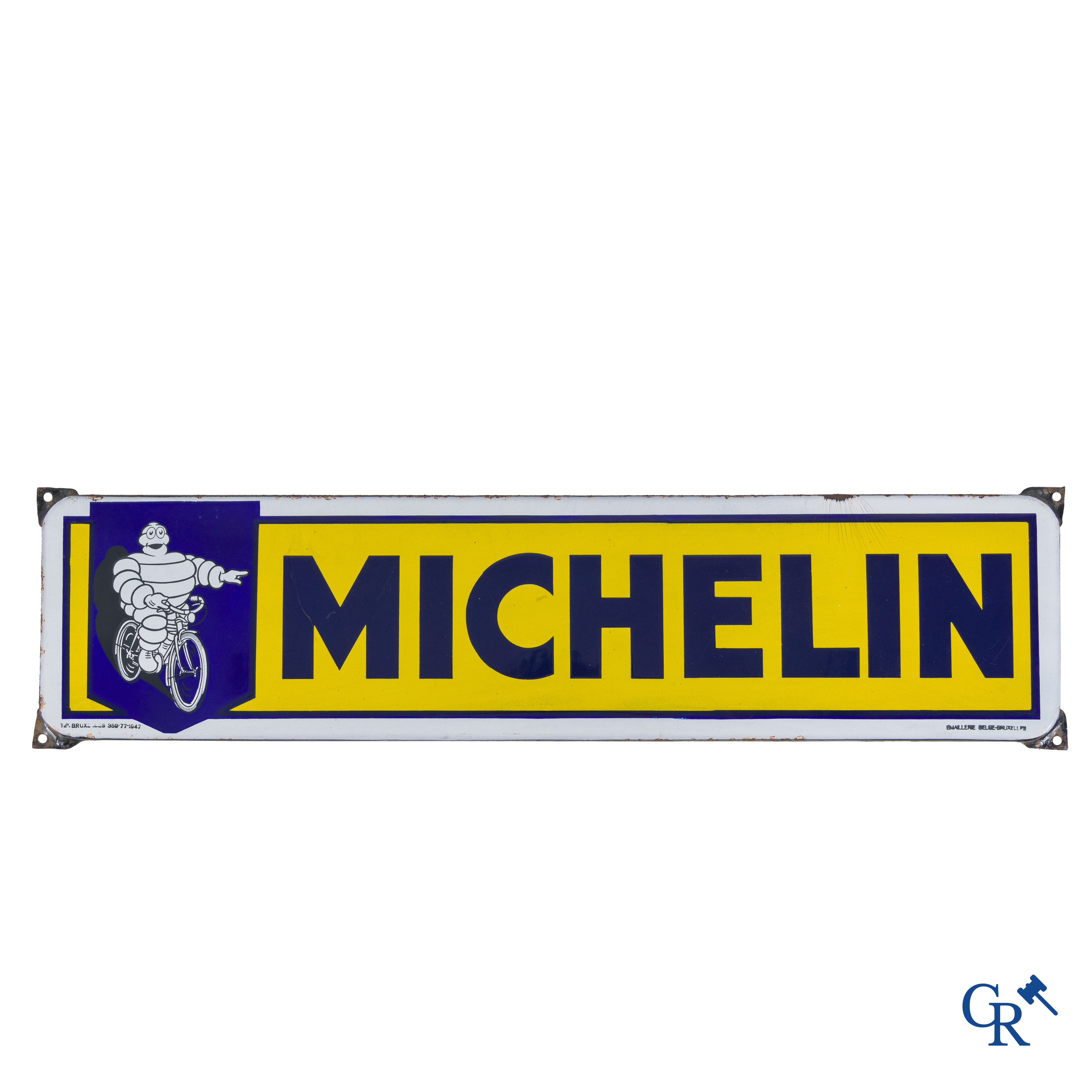 Michelin, enamel sign with Bibendum on bicycle. Emaillerie Belge, 1947.