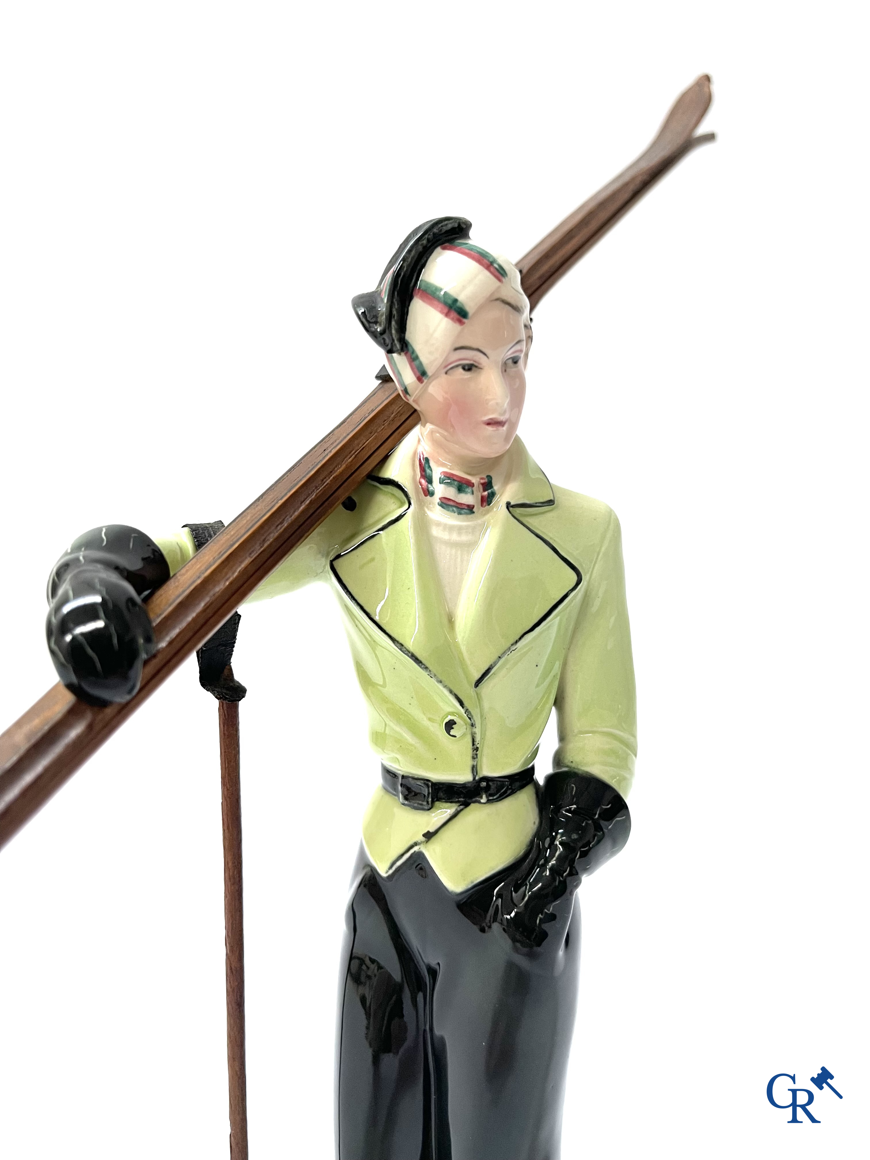 Hertwig en Company, Katzhütte, Thuringia. A skier in fine polychrome and glazed pottery. Circa 1930.