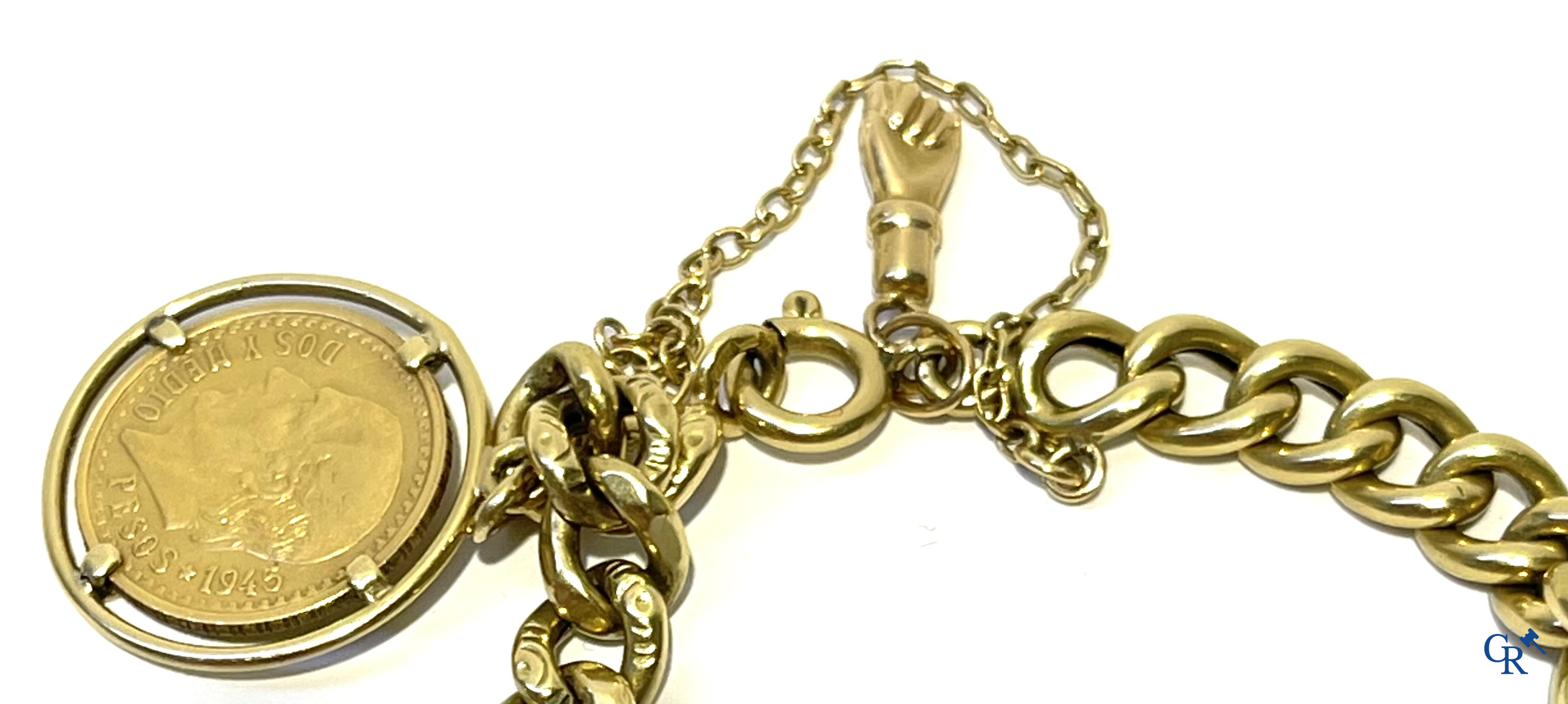 Juwelen, een bladvormige broche in goud 750°/00 en een bedelarmband in verschillende gehaltes goud.