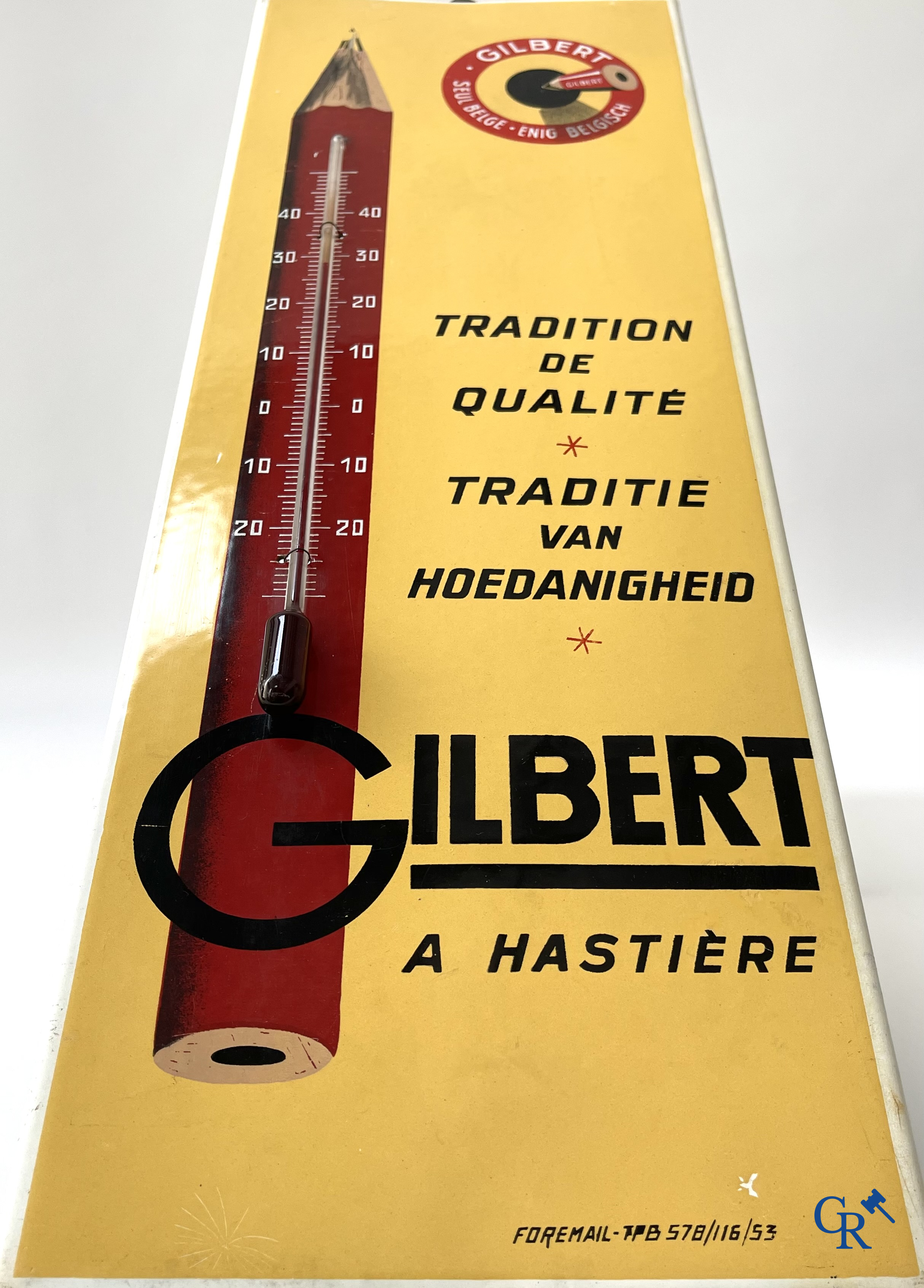 Enamel advertising sign, Publicity thermometer for pencil manufacturer Gilbert à Hastière (Namur) Foremail 1953.