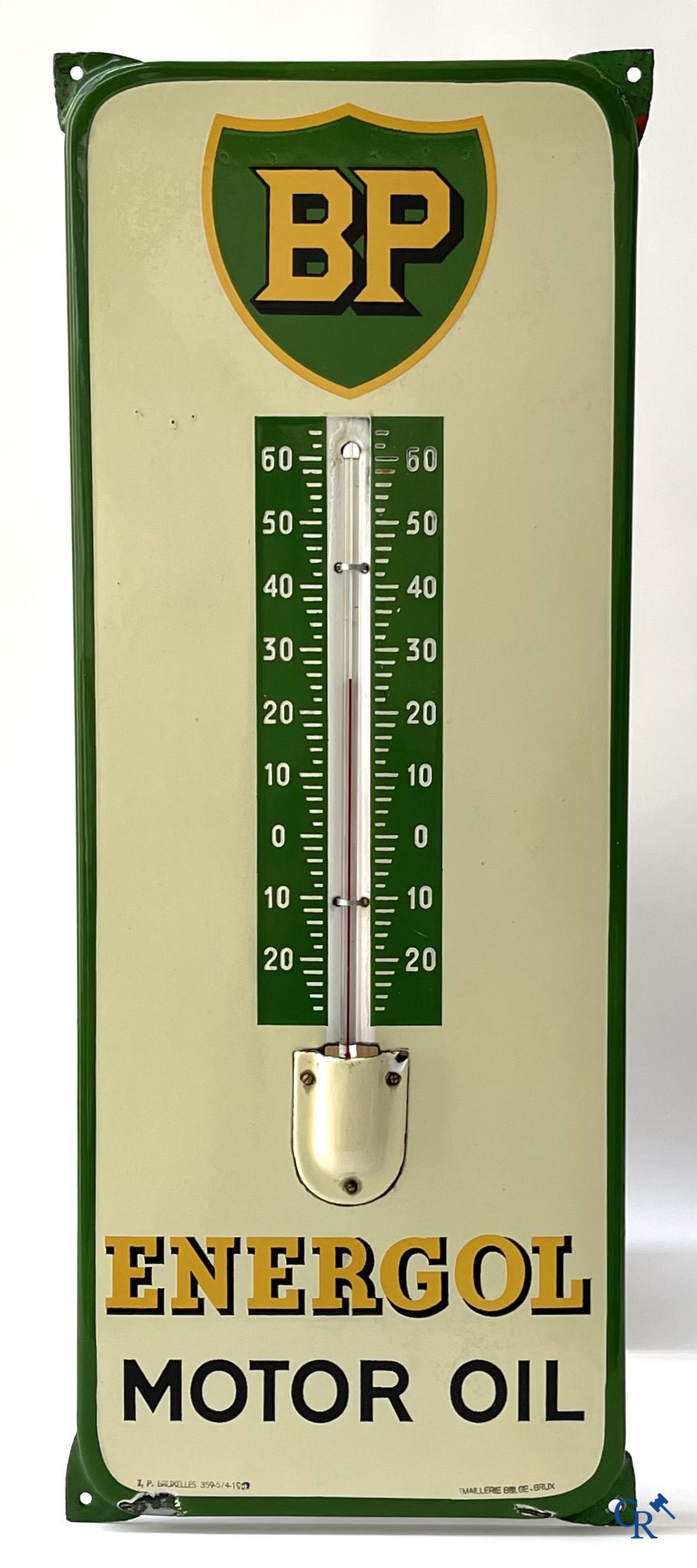 BP Motor Oil. An enamel advertising sign with integrated thermometer for BP motor oil. Emaillerie Belge. 1950's.
