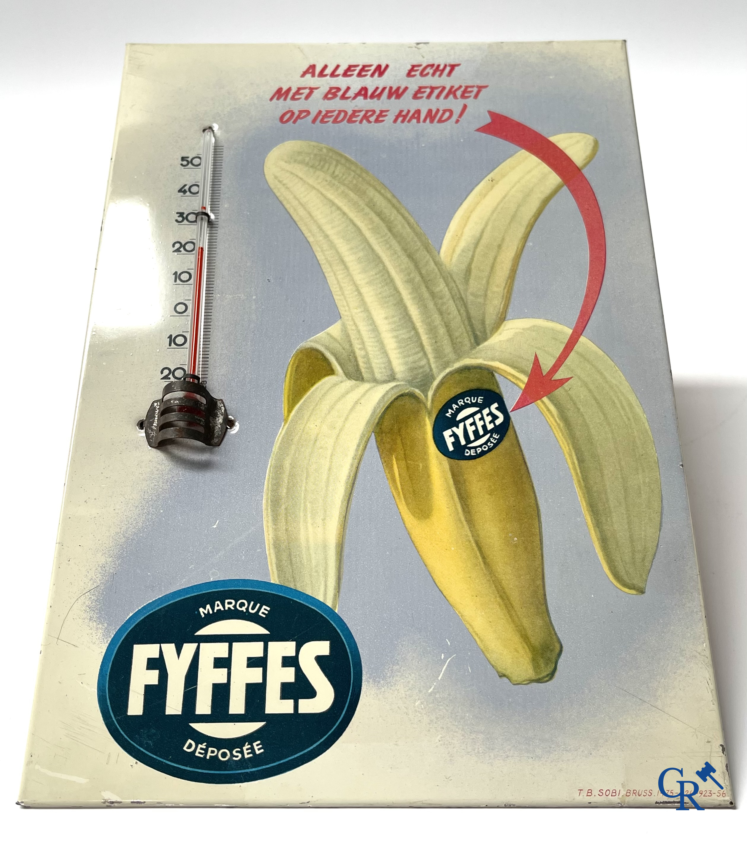 Fyffes, een publiciteits thermometer in bedrukt blik voor Fyffes bananen. Sobi Brussel 1956.