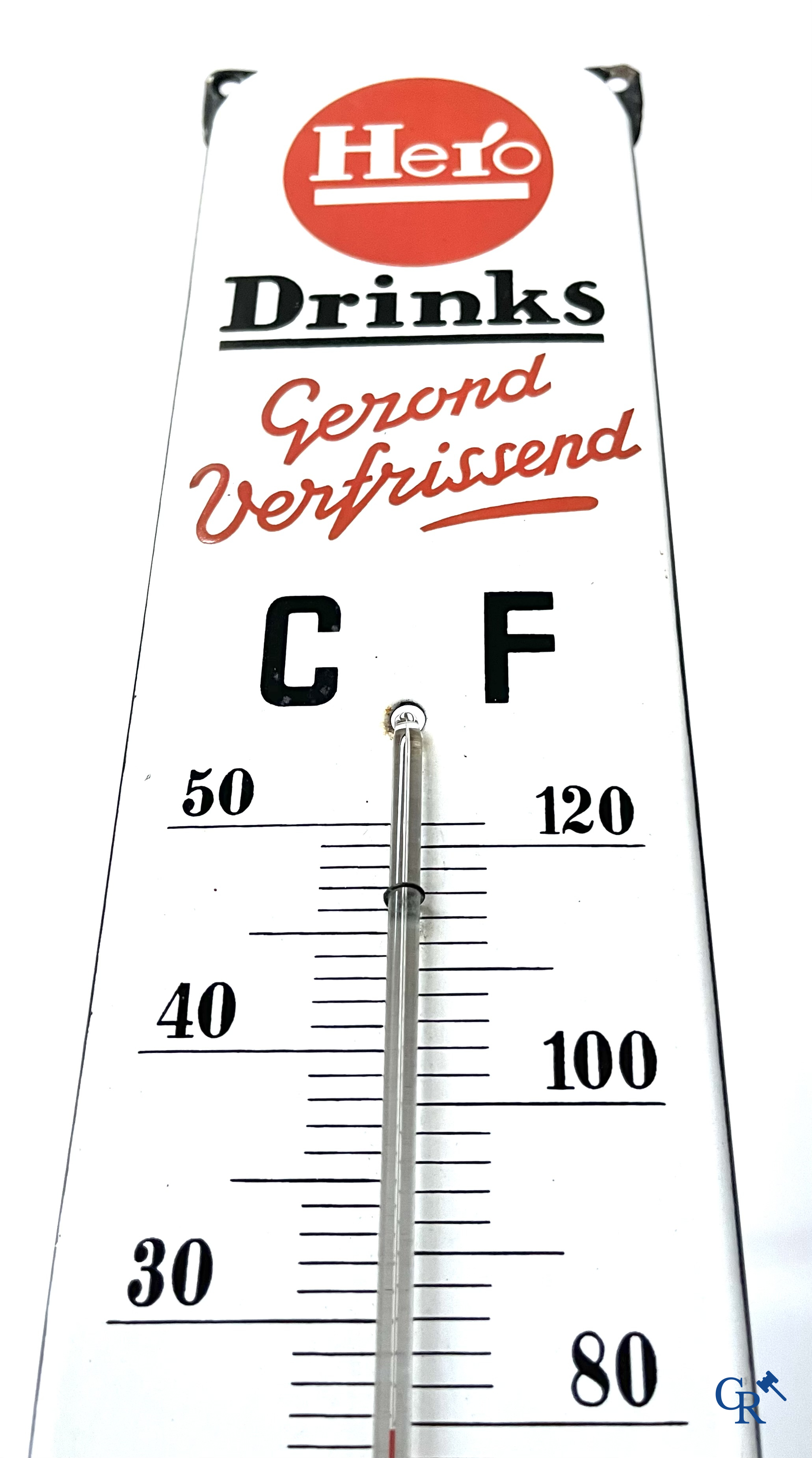 Hero Drinks, "Healthy Refreshing" Enamel advertsing sign with thermometer for Hero Drinks. Langcat Bussum.