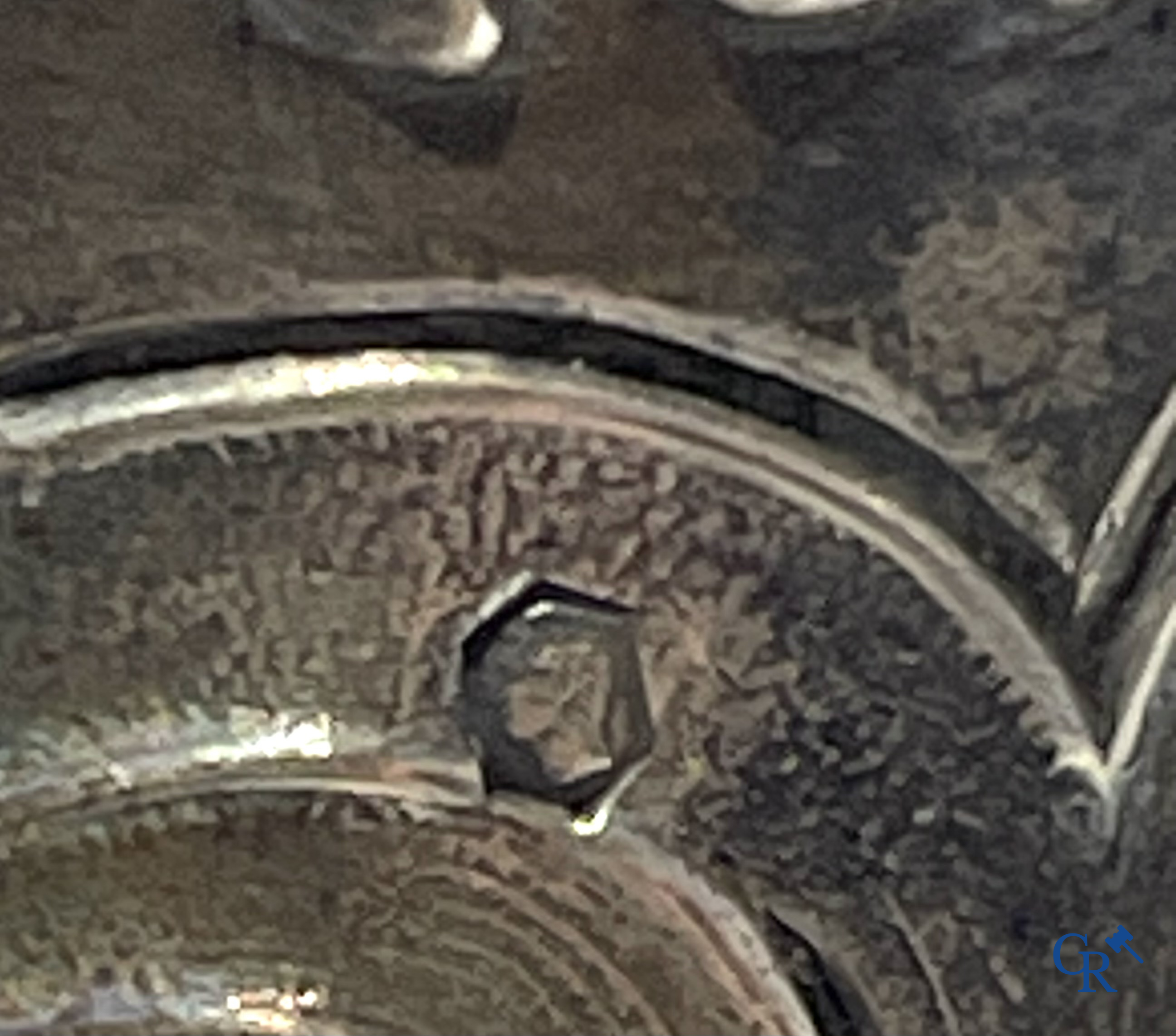 A nice lot of brocante, carafe with silver mounts, painting, wooden bust, old photo, etc.