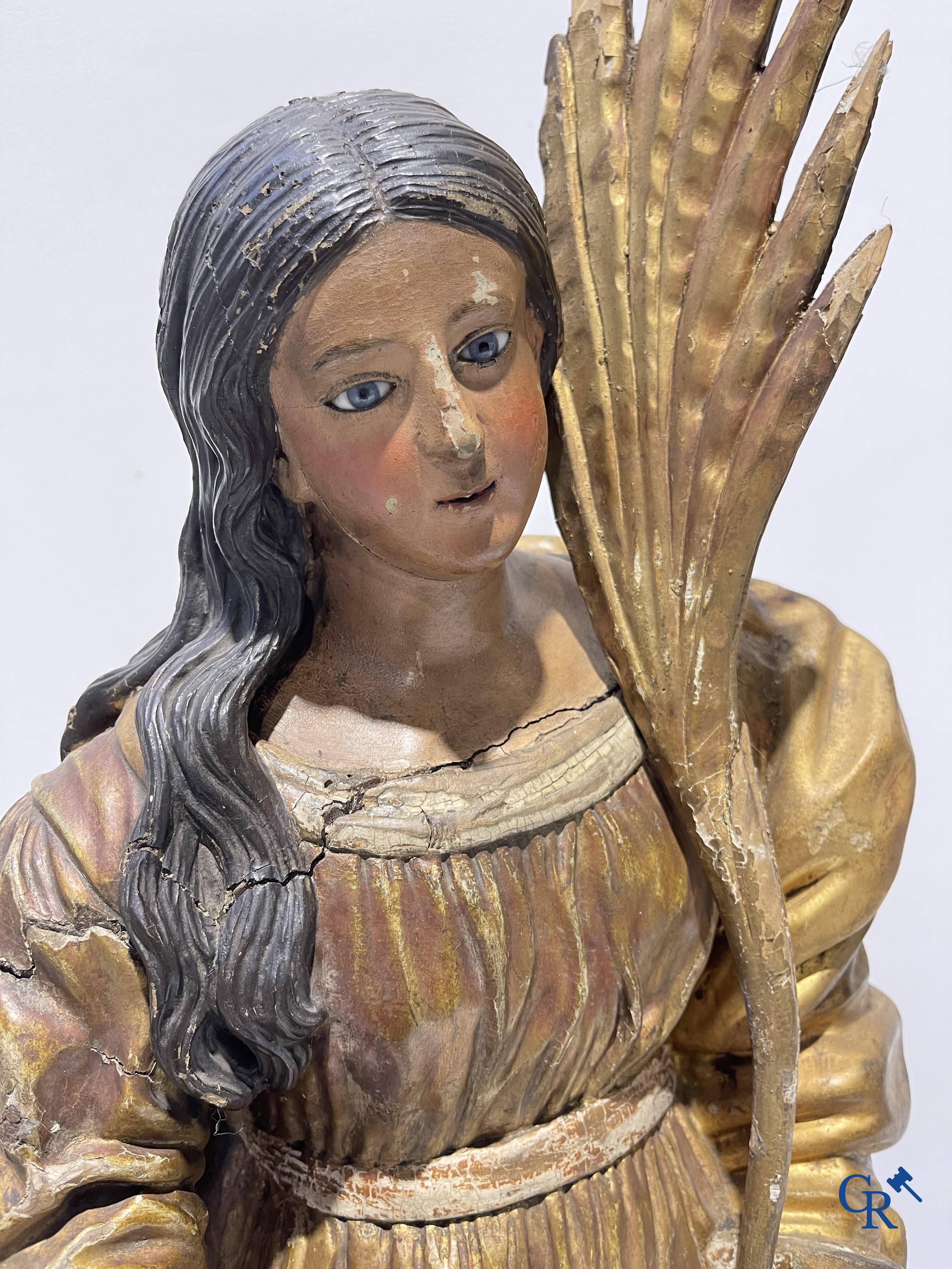 Exceptionally polychrome wooden statue of Saint Catherine of Alexandria with glass eyes, 18th century.