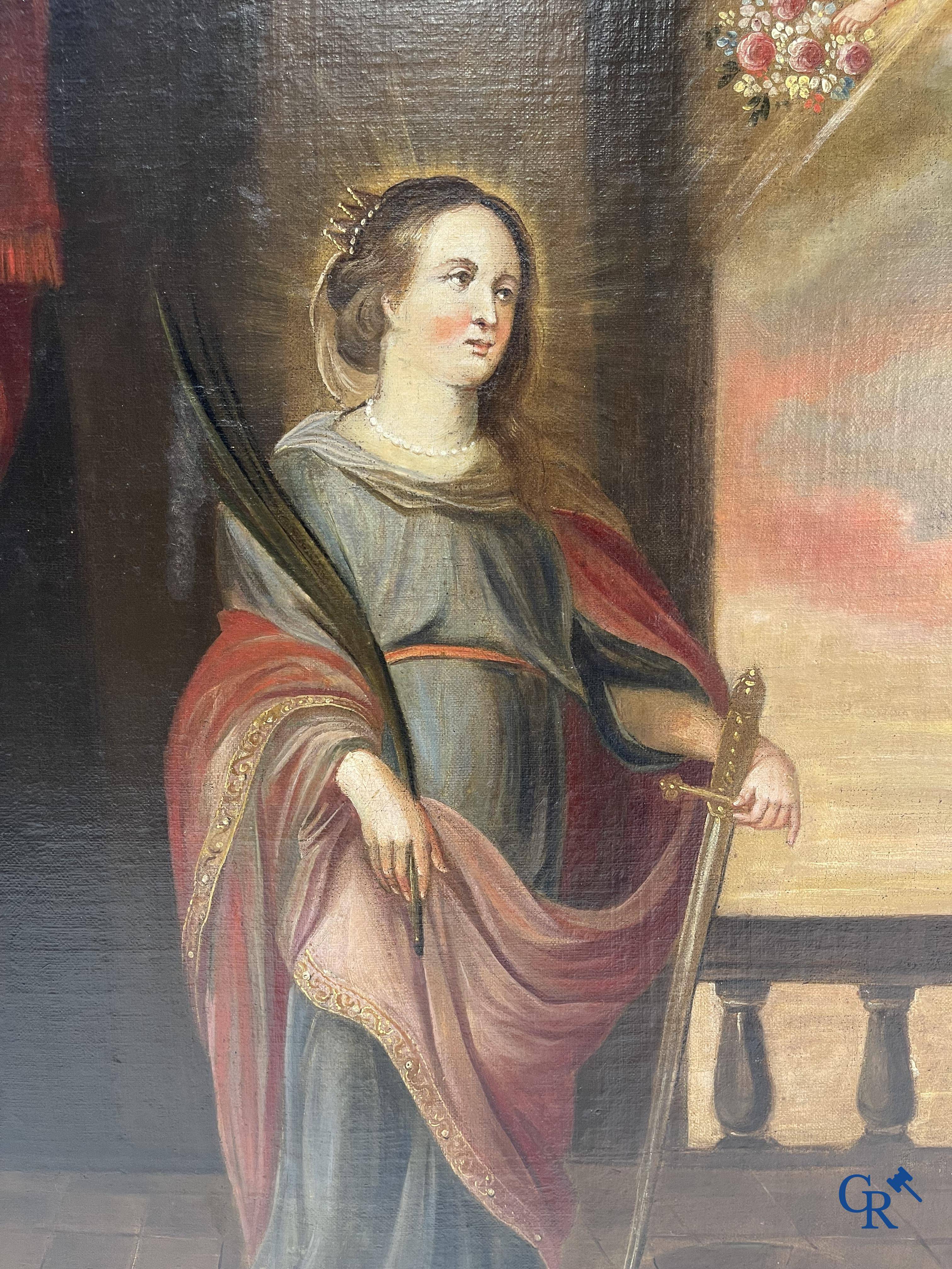 Religious painting, Saint Catherine with angel, oil on canvas 18th century.