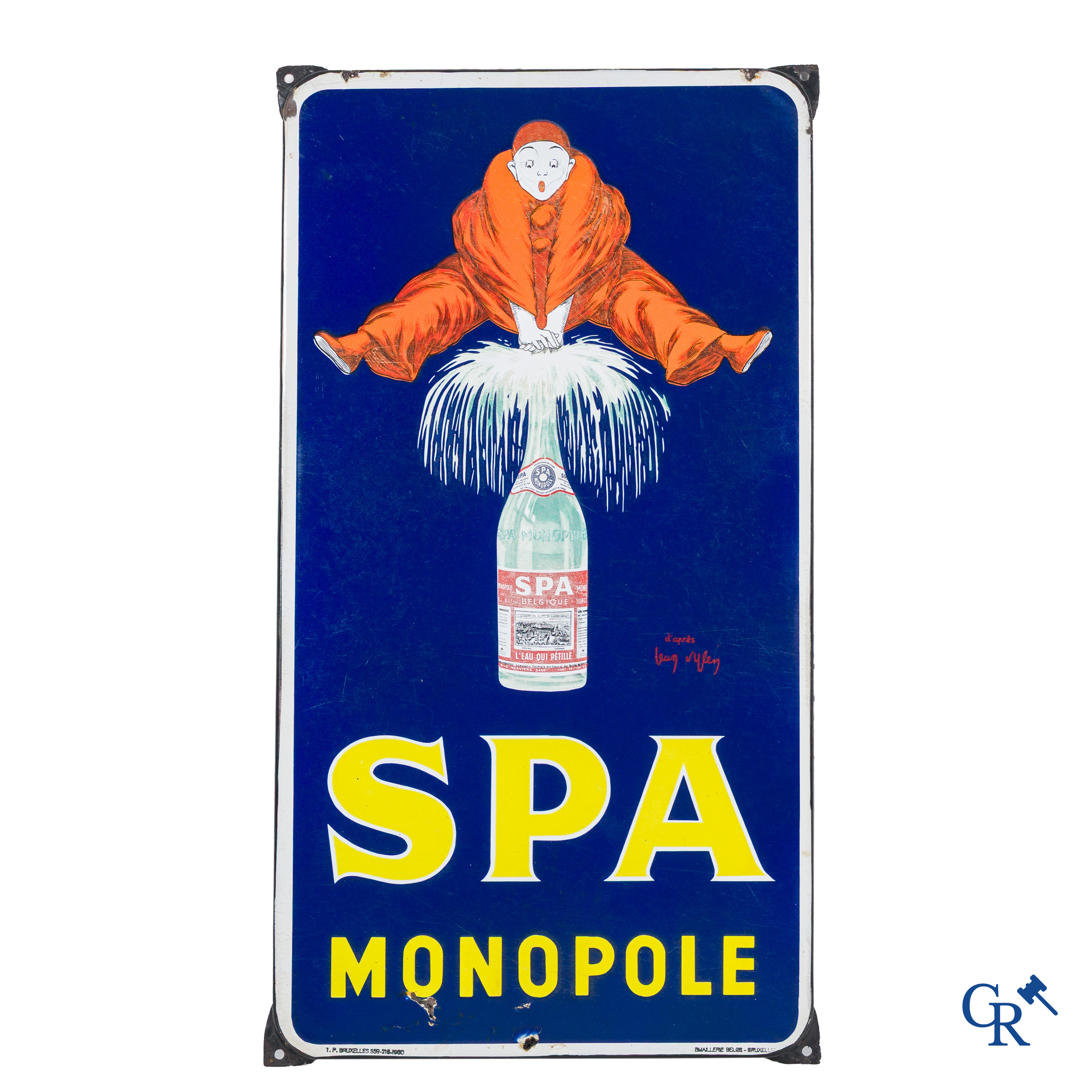 Spa Monopole, plaque émaillée publicitaire représentant "Pierrot" après un dessin de Jean D'Ylen. 1950.