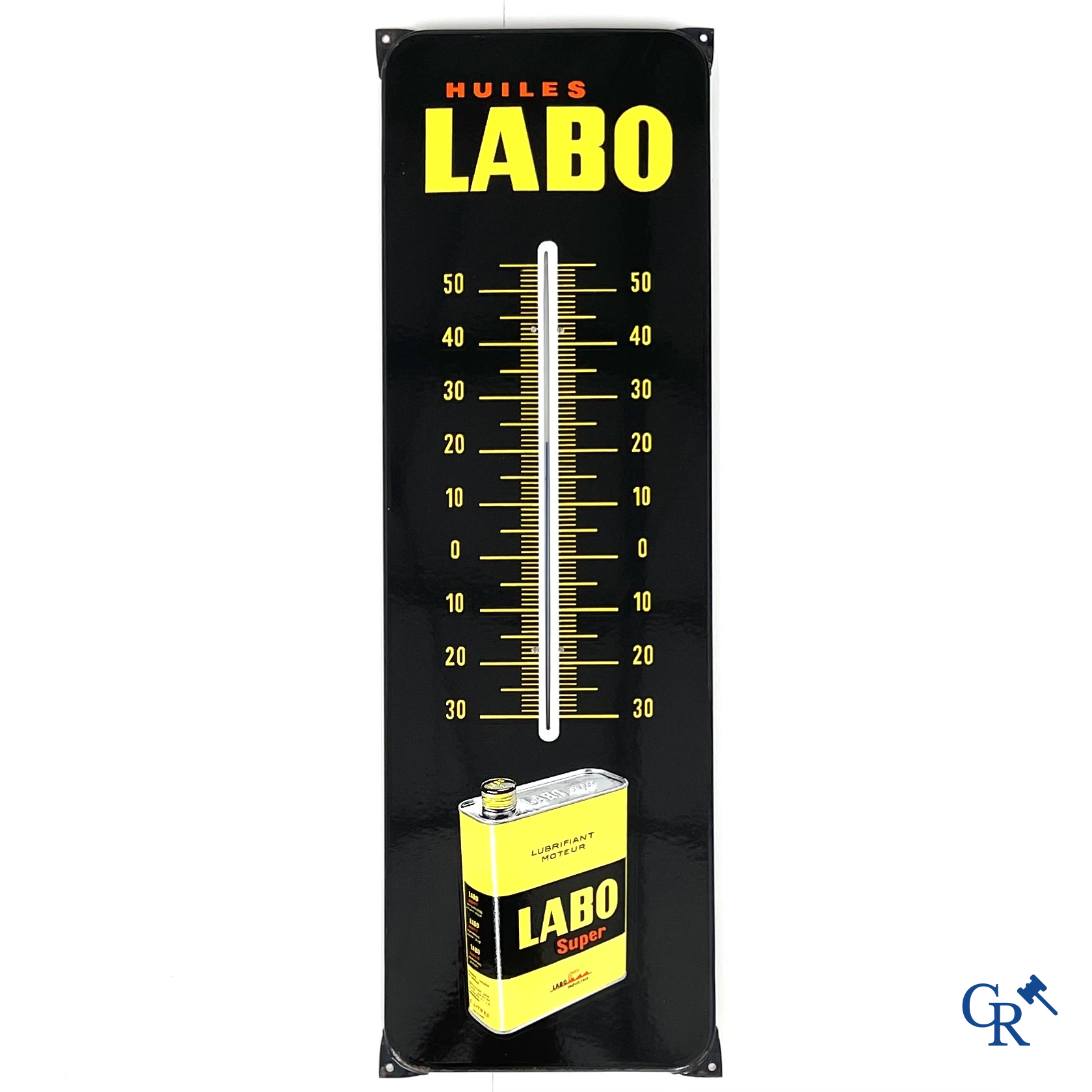 Huiles Labo, emaille reclamebord met ingewerkte thermometer voor motor olie. 60'er jaren.