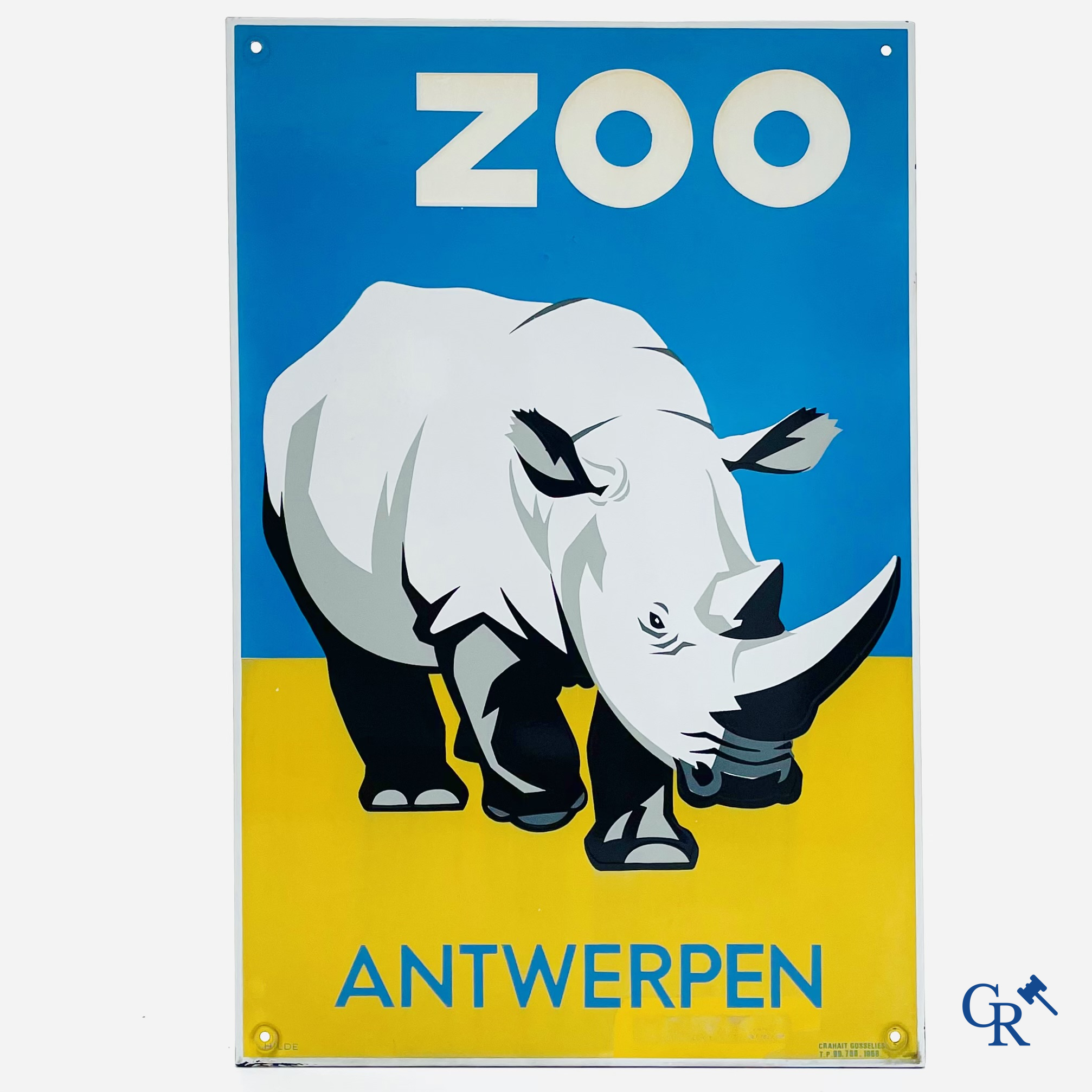 Zoo Antwerpen, Enamel advertising sign with a rhino for the Antwerp Zoo. Emaillerie Crahait, Gosselies, 1968.