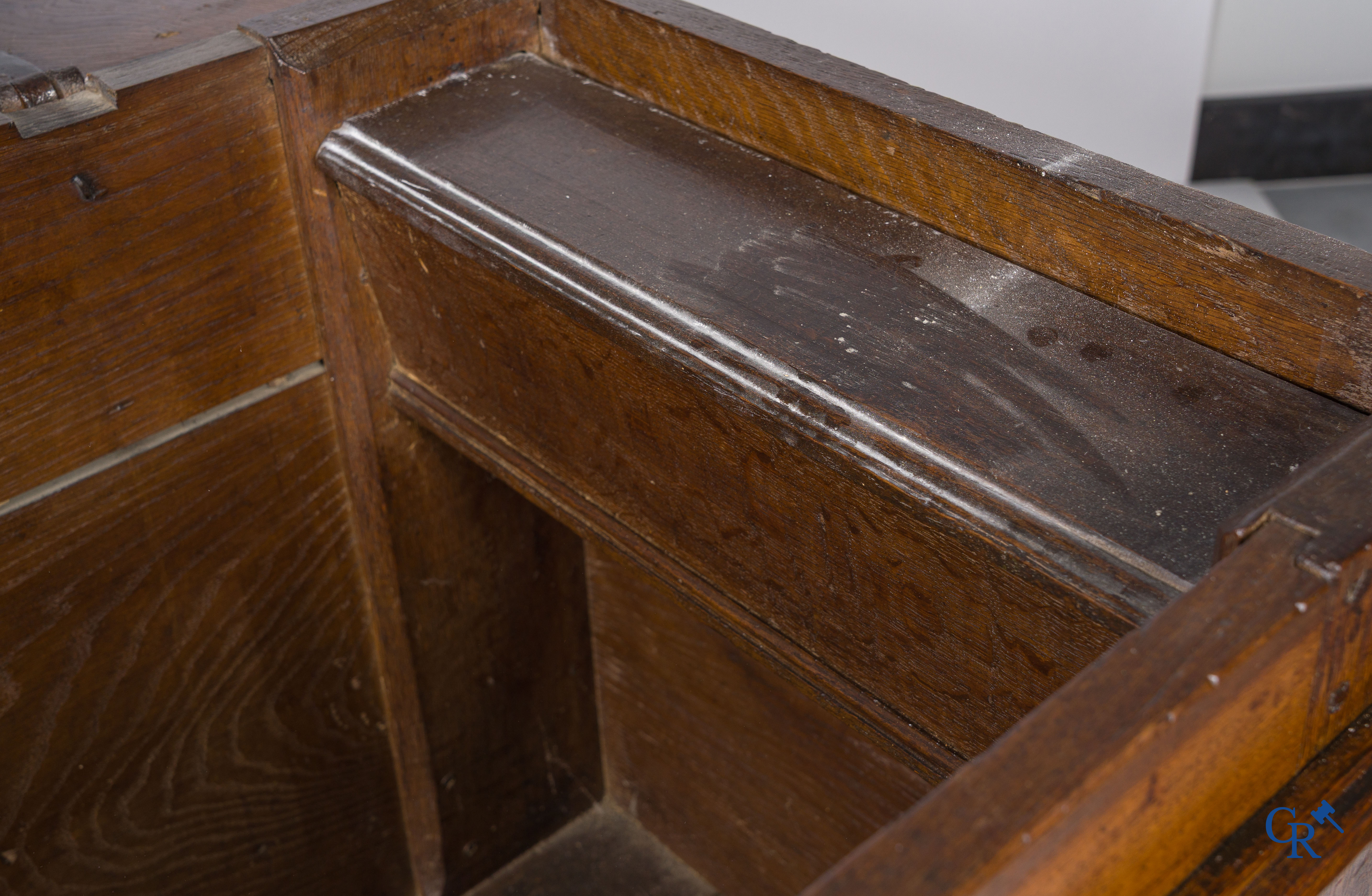 Oak trunk with original wrought iron lock work. Beautiful patina. 18th century.