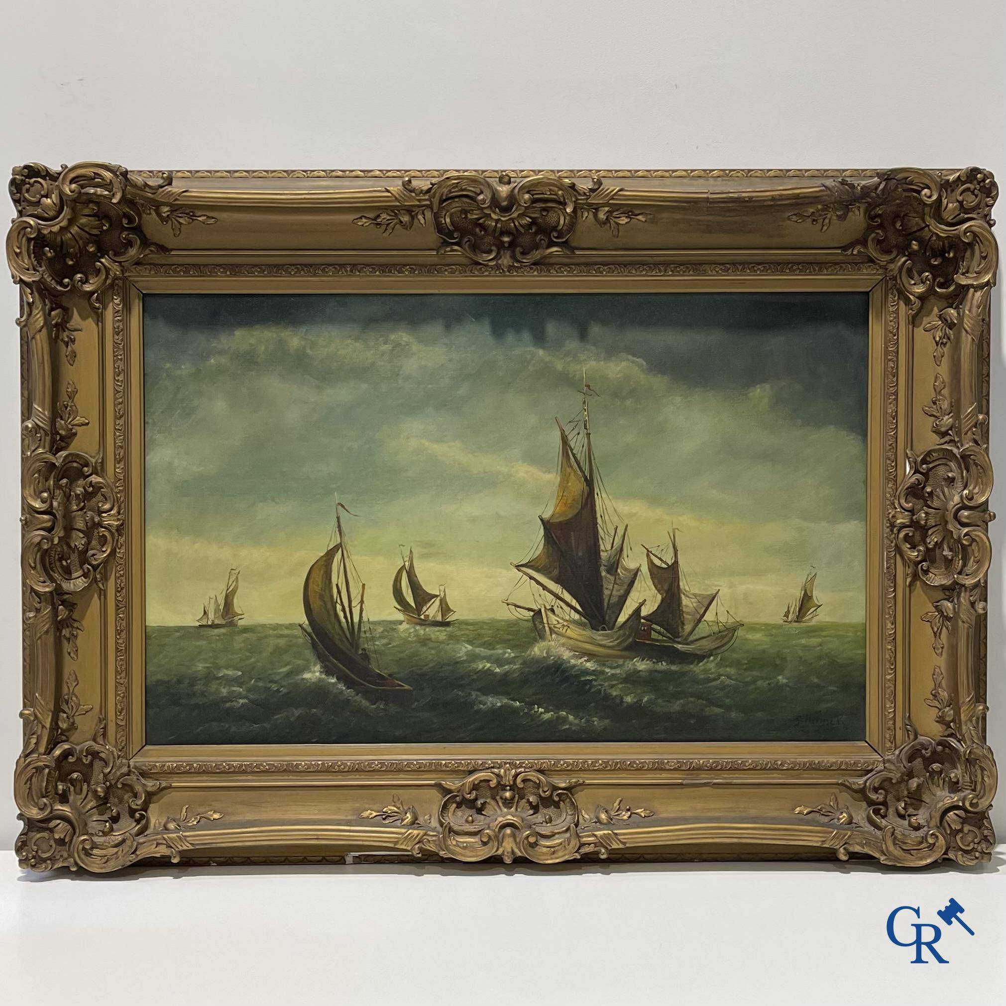 Gustave Helinck (1884-1954) Large naval painting in a richly decorated frame.