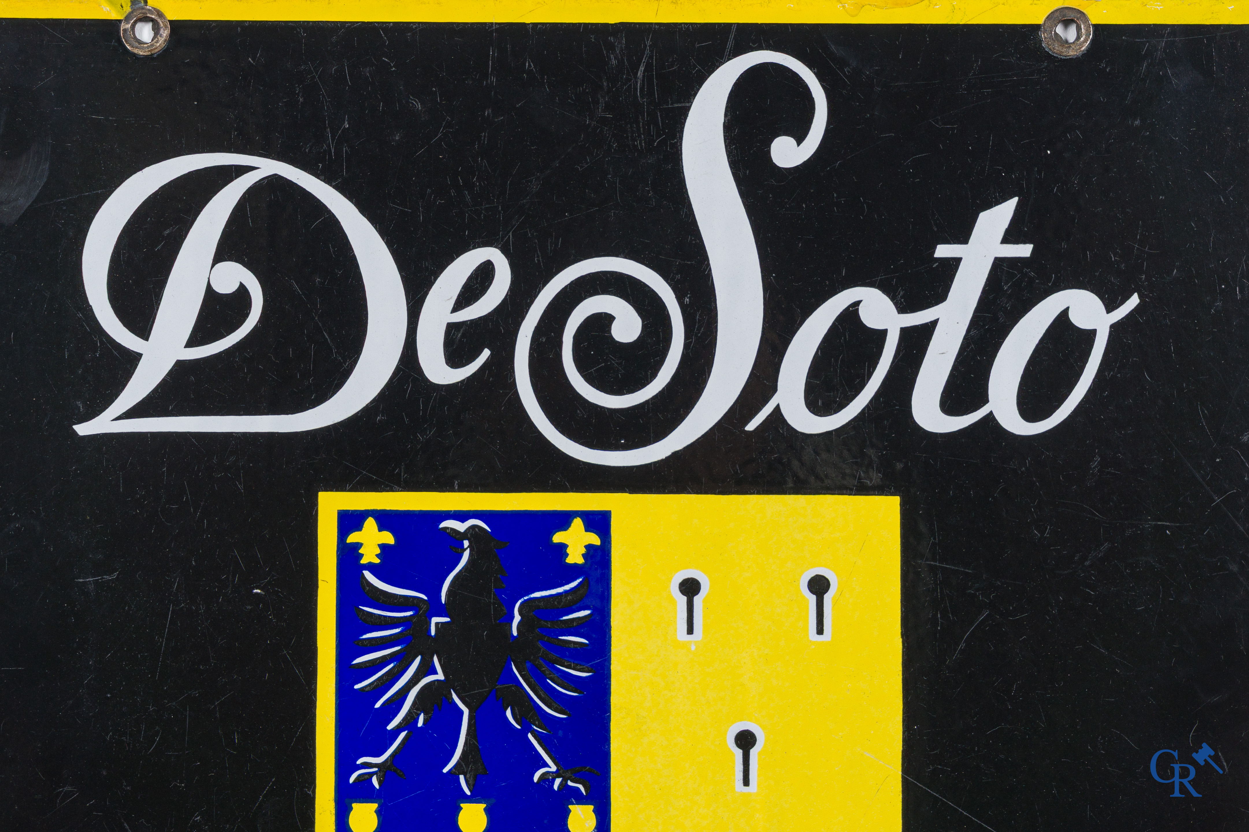 Automobilia. DeSoto Service, rare double-sided enamel sign for the car brand DeSoto. Circa 1930.