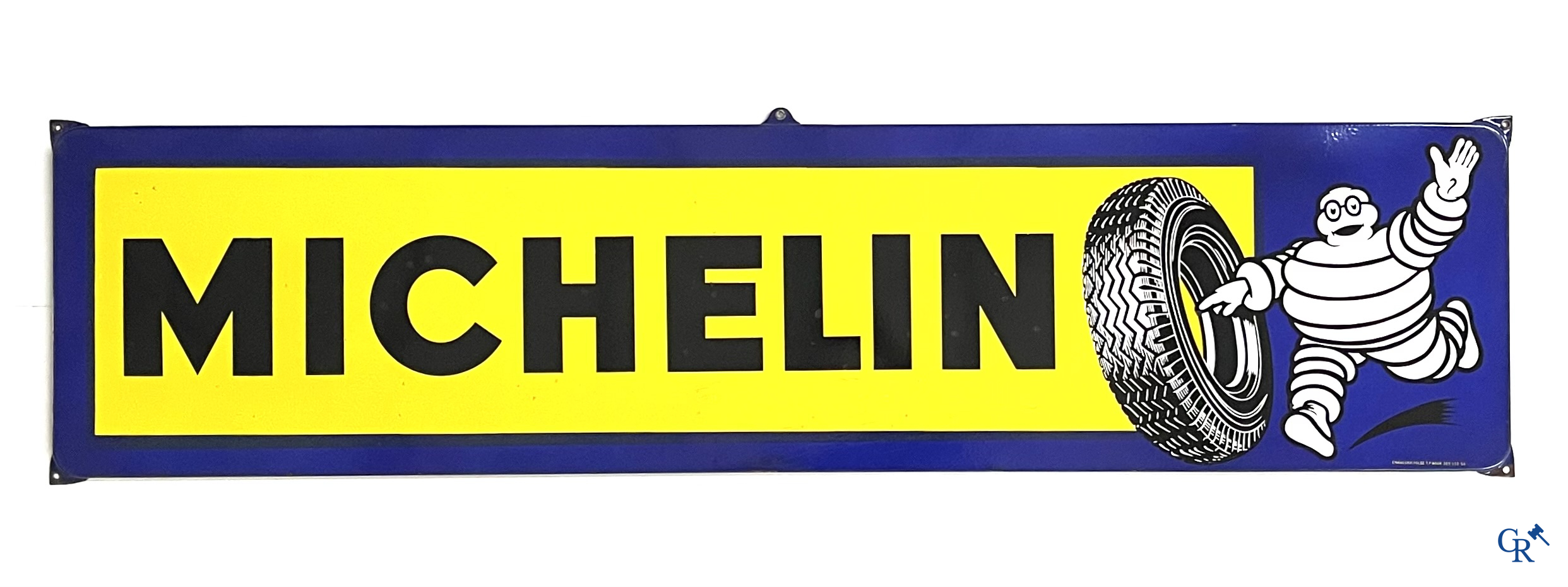 Michelin, large enamel advertising sign with yellow and blue background for Michelin tyres. Emaillerie Belge, 1958.