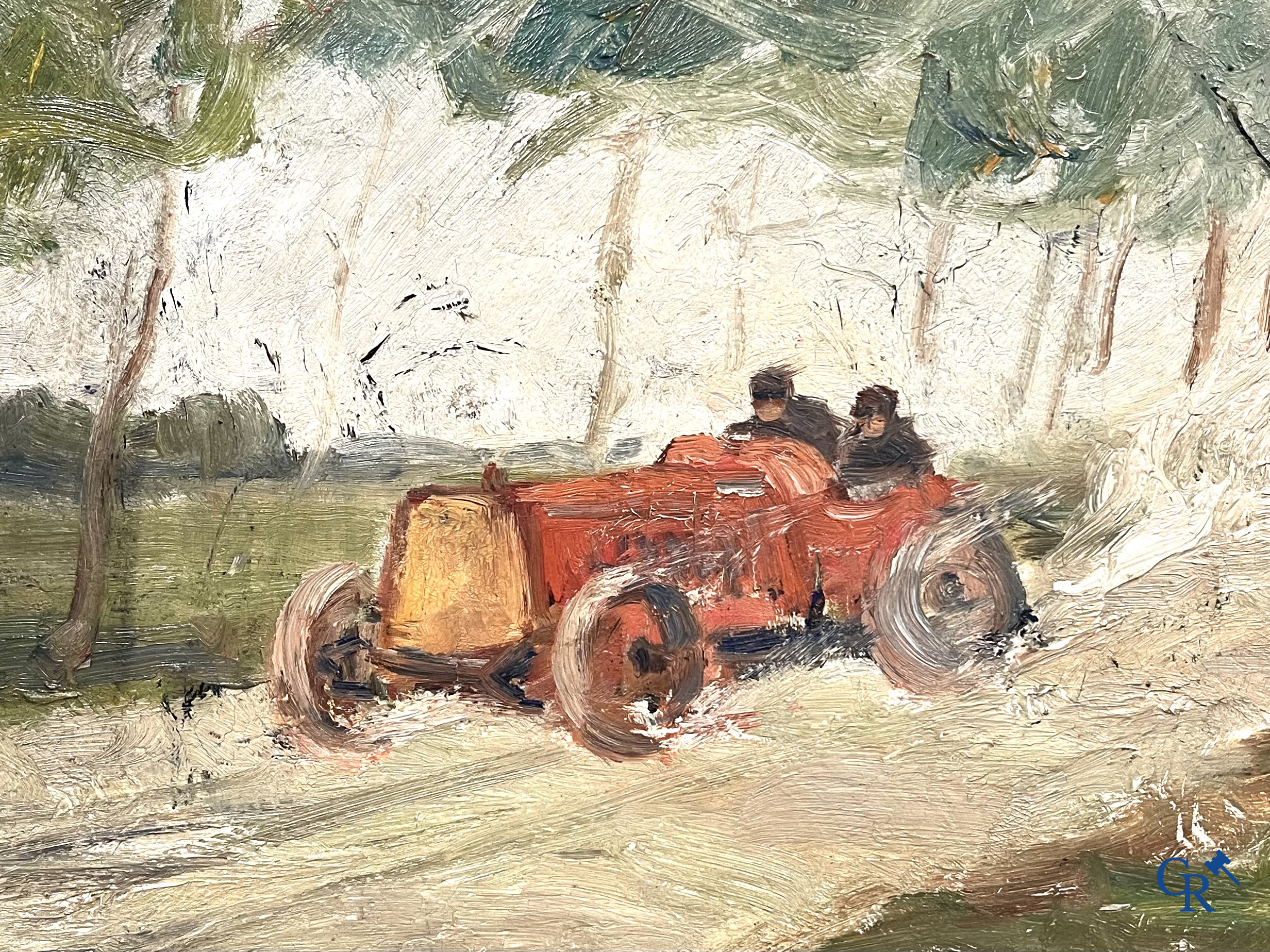 "Course Automobile" Oil on hard cardboard. Circa 1930. With a stamp of Maison Parys, 2 Rue du Brou à Verviers.