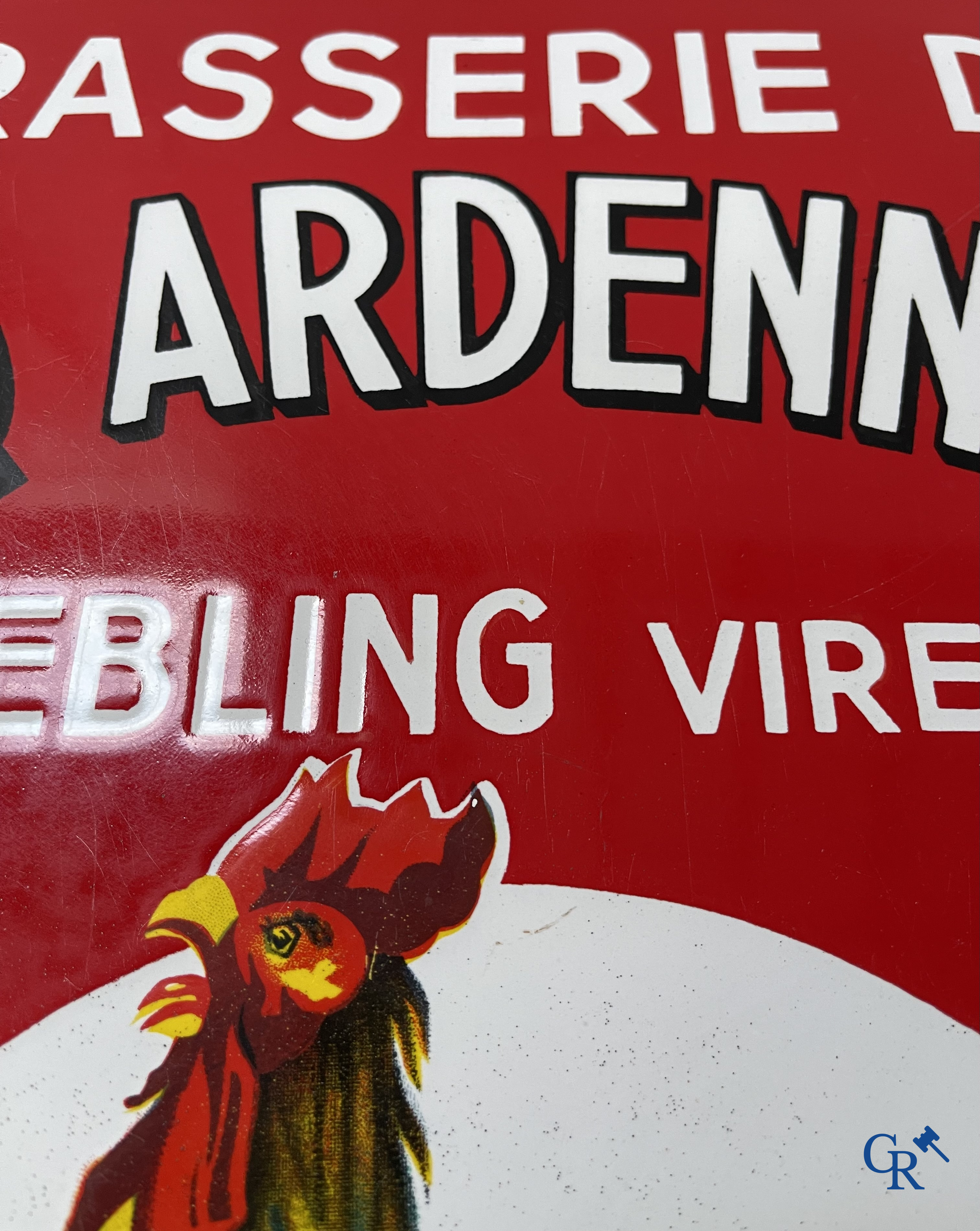 Brasserie du Coq Ardennais, Plaque émaillée publicitaire pour bières, sodas et limonades de la brasserie Ebling à Vireux.