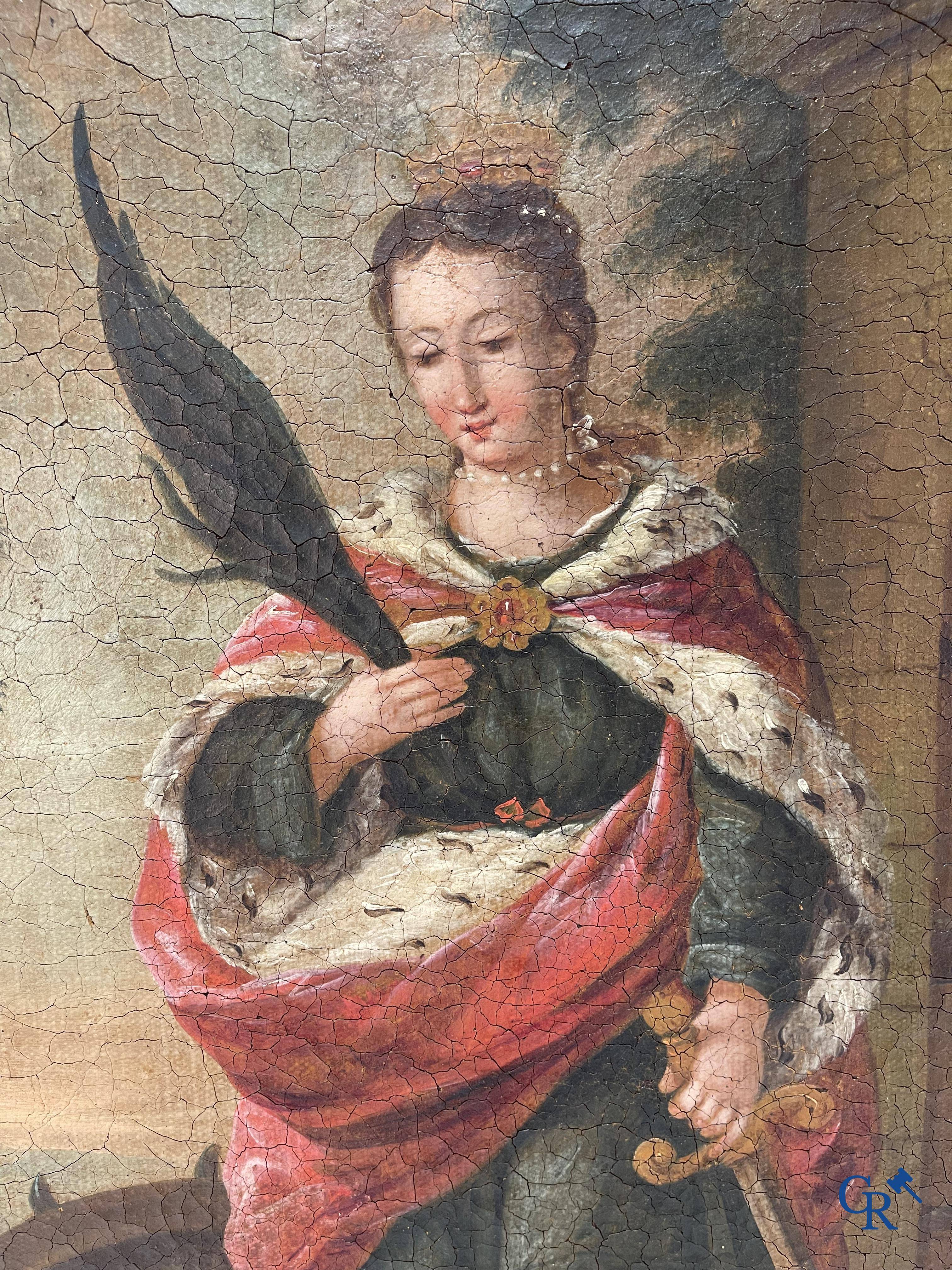 Religious painting, beautiful representation of Catherine of Alexandria at a tower. Early 18th century.