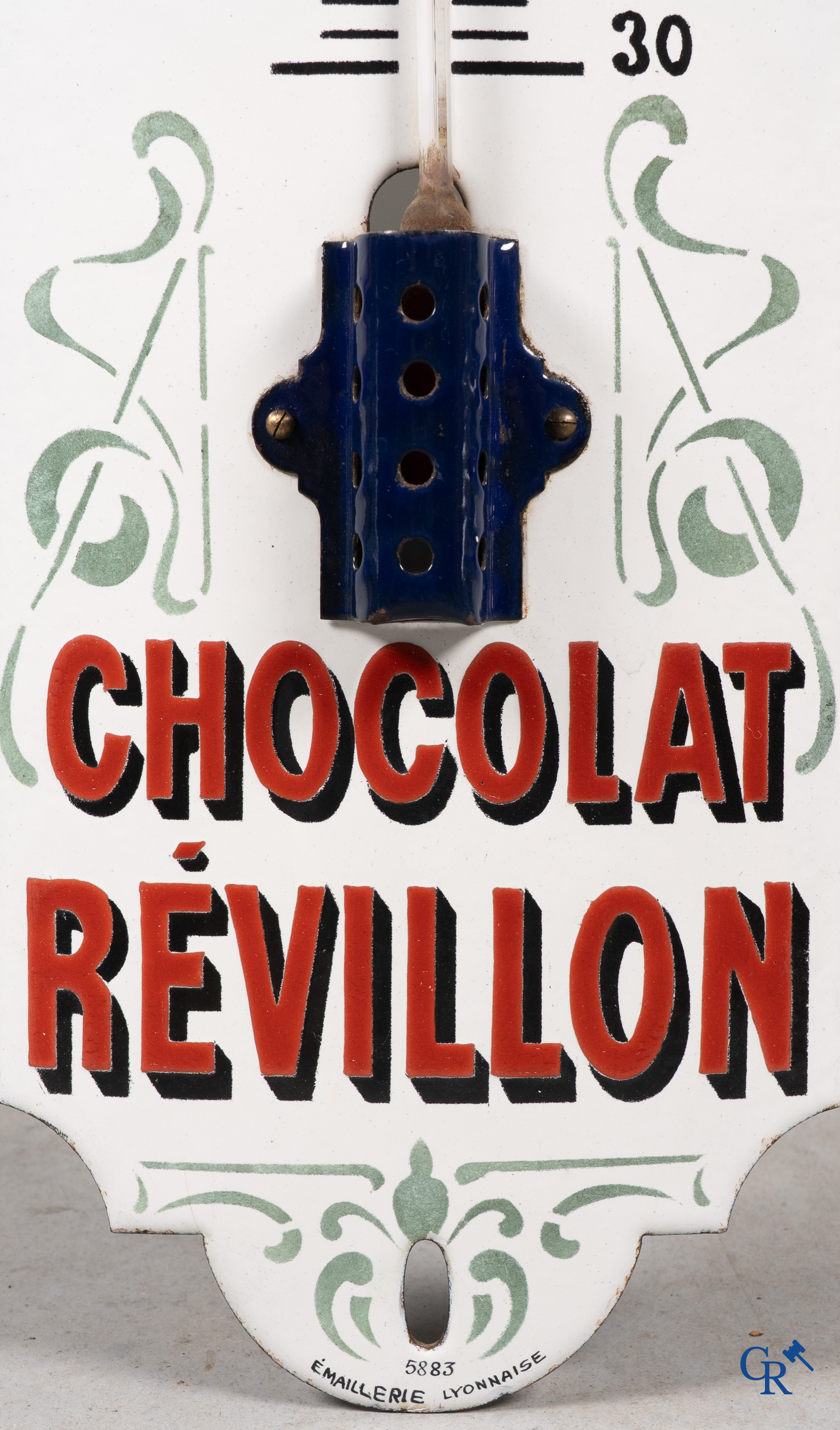 Chocolat Révillon, Geëmailleerde publiciteitsthermometer voor Révillon chocolade. Circa 1920.