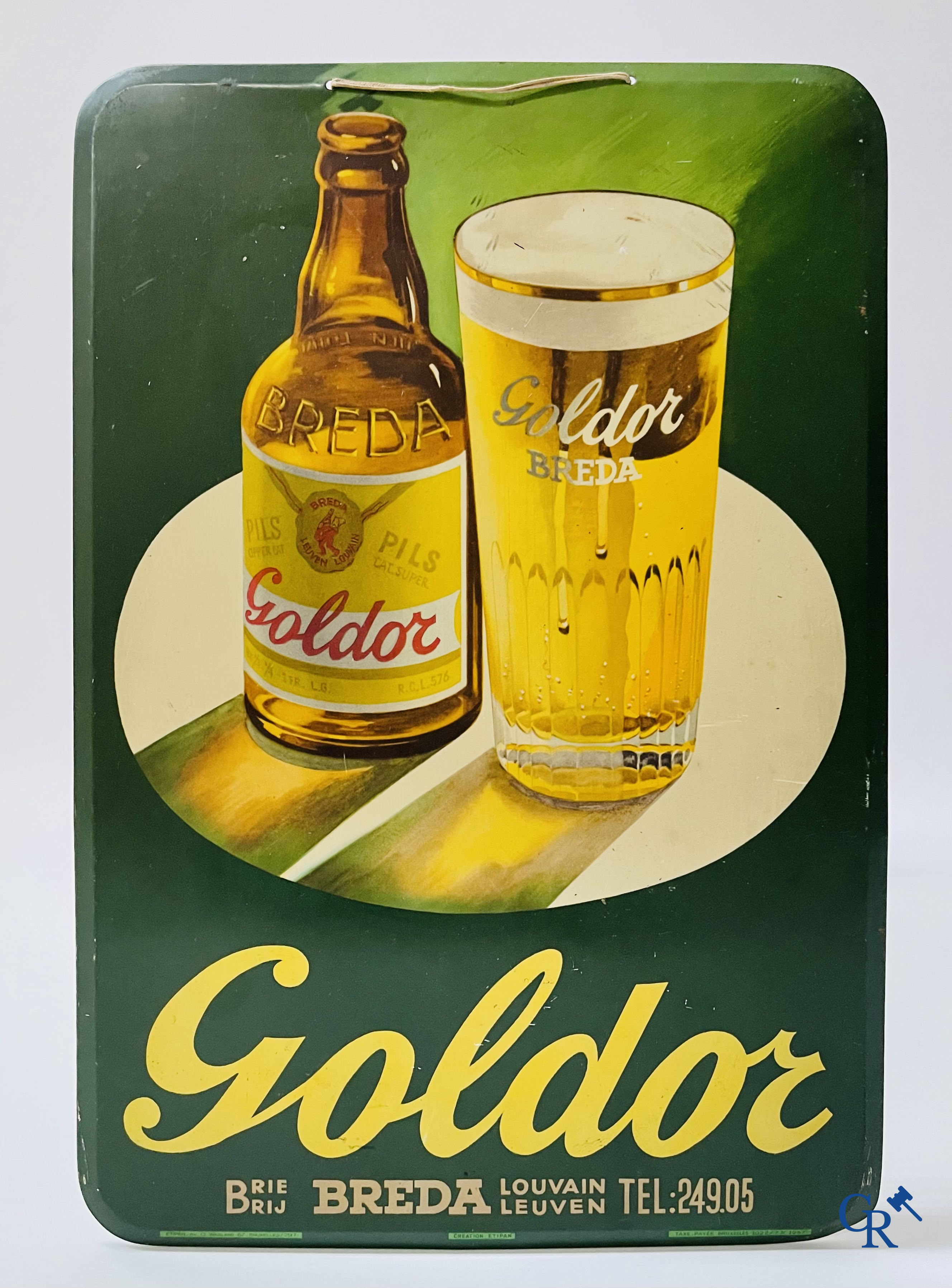 Goldor, Brouwerij Breda te Leuven. Publiciteit voor Goldor Pils gedrukt op metaal. Creation Etipan Bruxelles 1957.