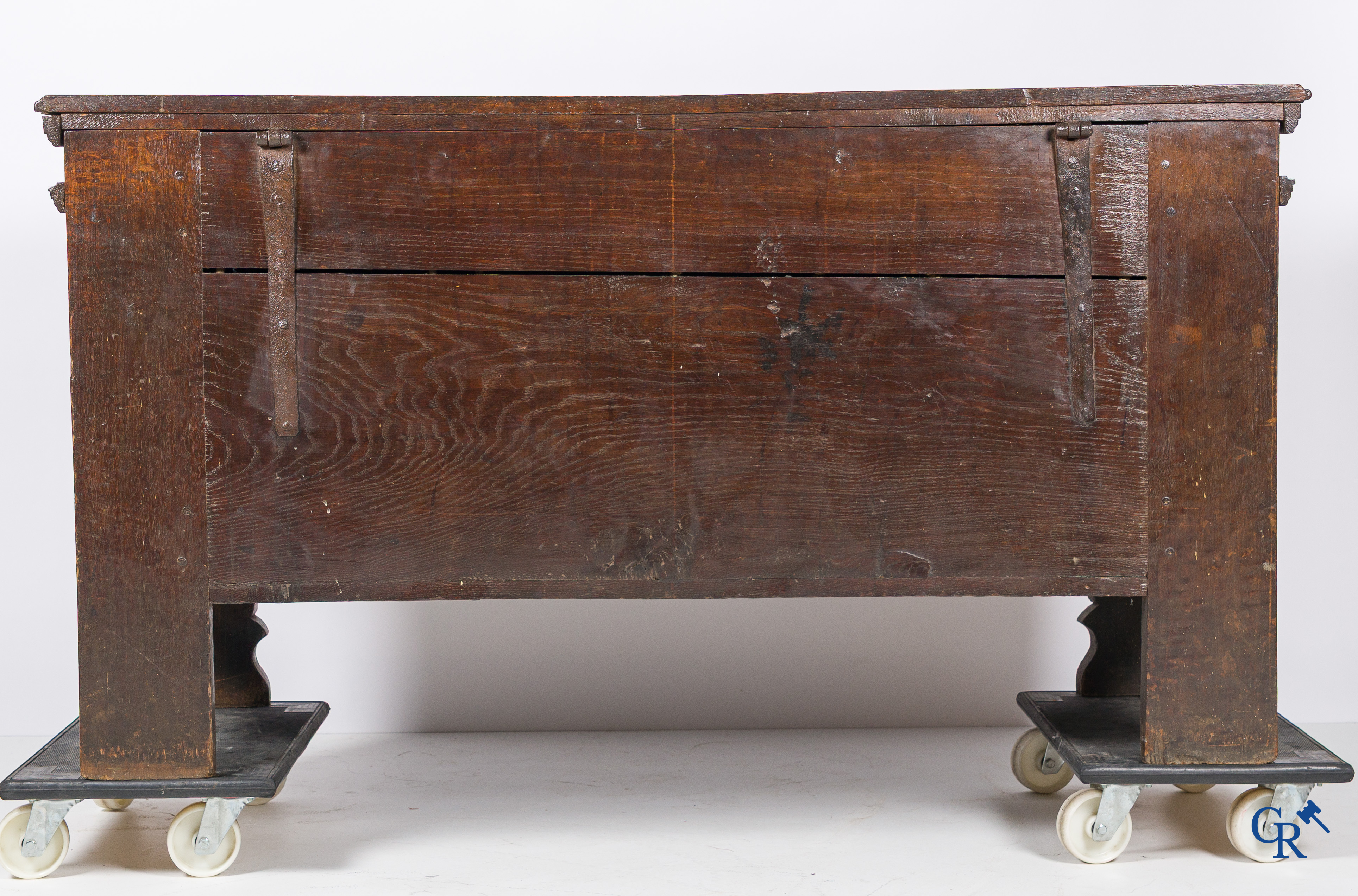 Oak trunk with original wrought iron lock work. Beautiful patina. 18th century.