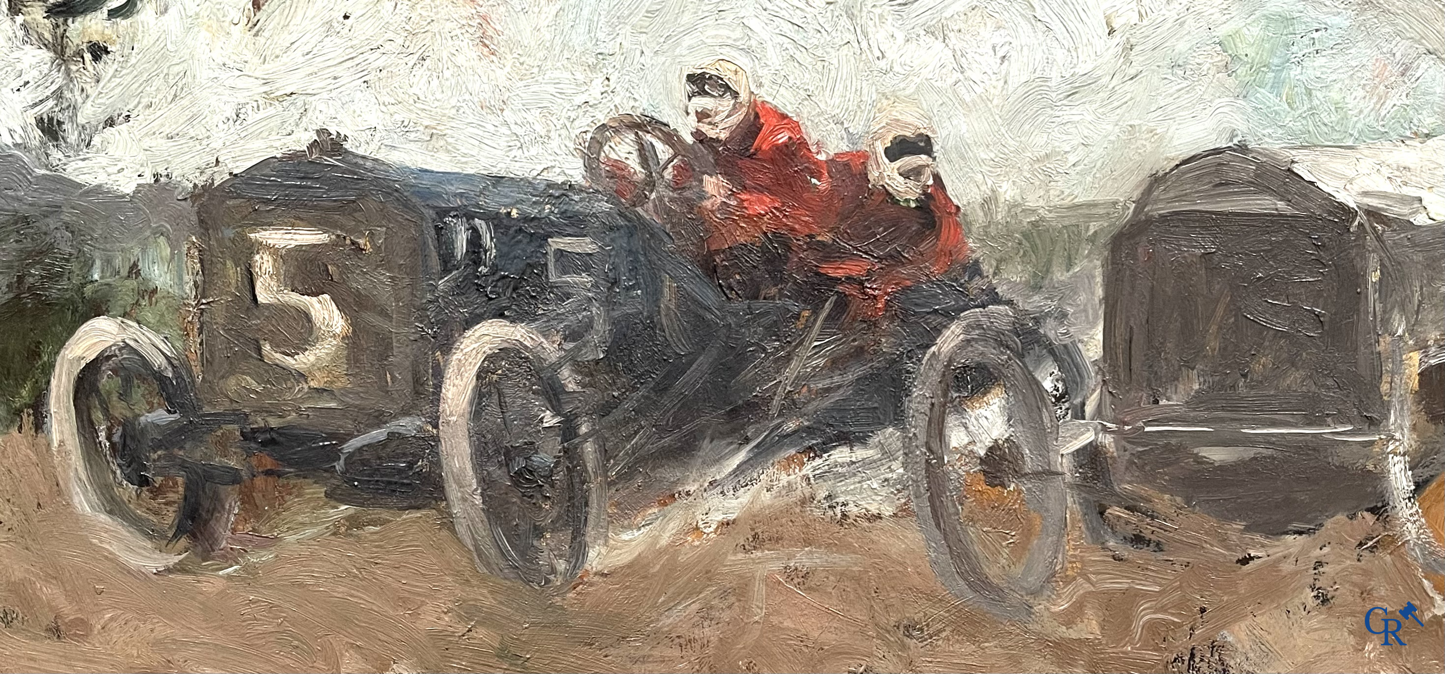 "The Duel" Oil on canvas. 2 sports cars racing side by side. Marked on the back Steph. Shoenfeld Düsseldorf. Circa 1925.