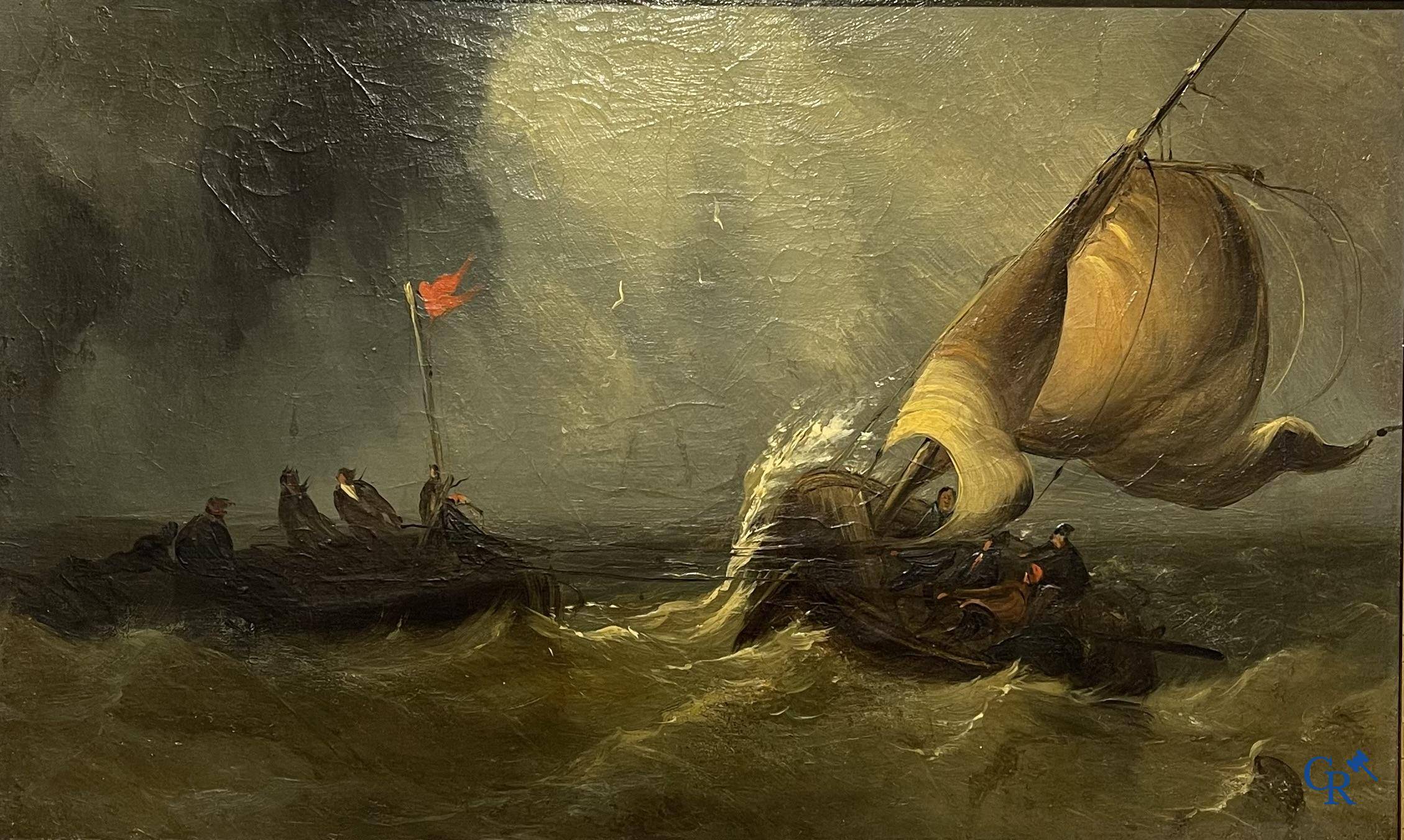 Peinture marine dans le gout de Musin, XIXème siècle. Huile sur toile marouflé sur panneau.