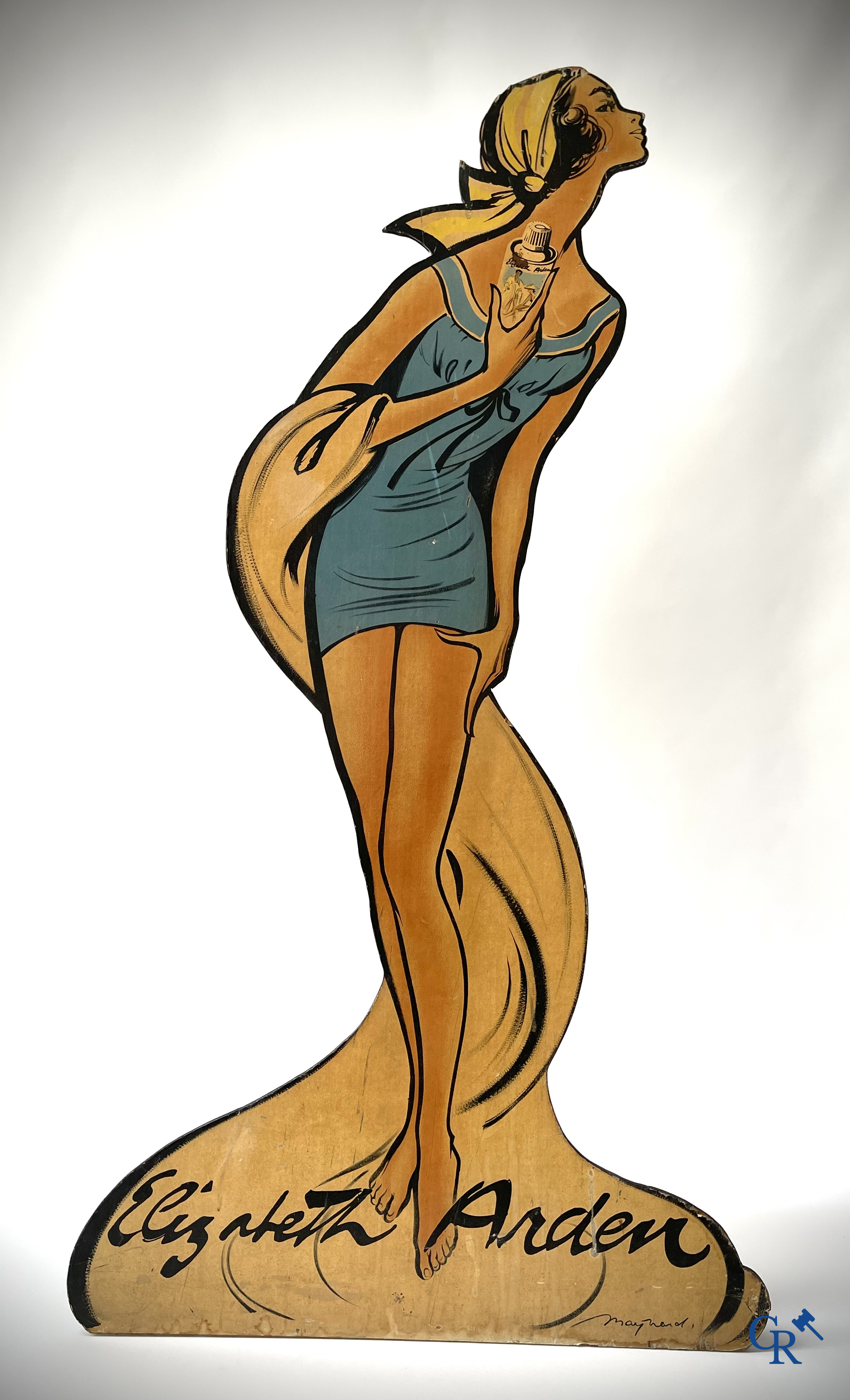 Elizabeth Arden, une grande publicité de vitrine pour les produits de beauté d'Elizabeth Arden. Vers 1950.