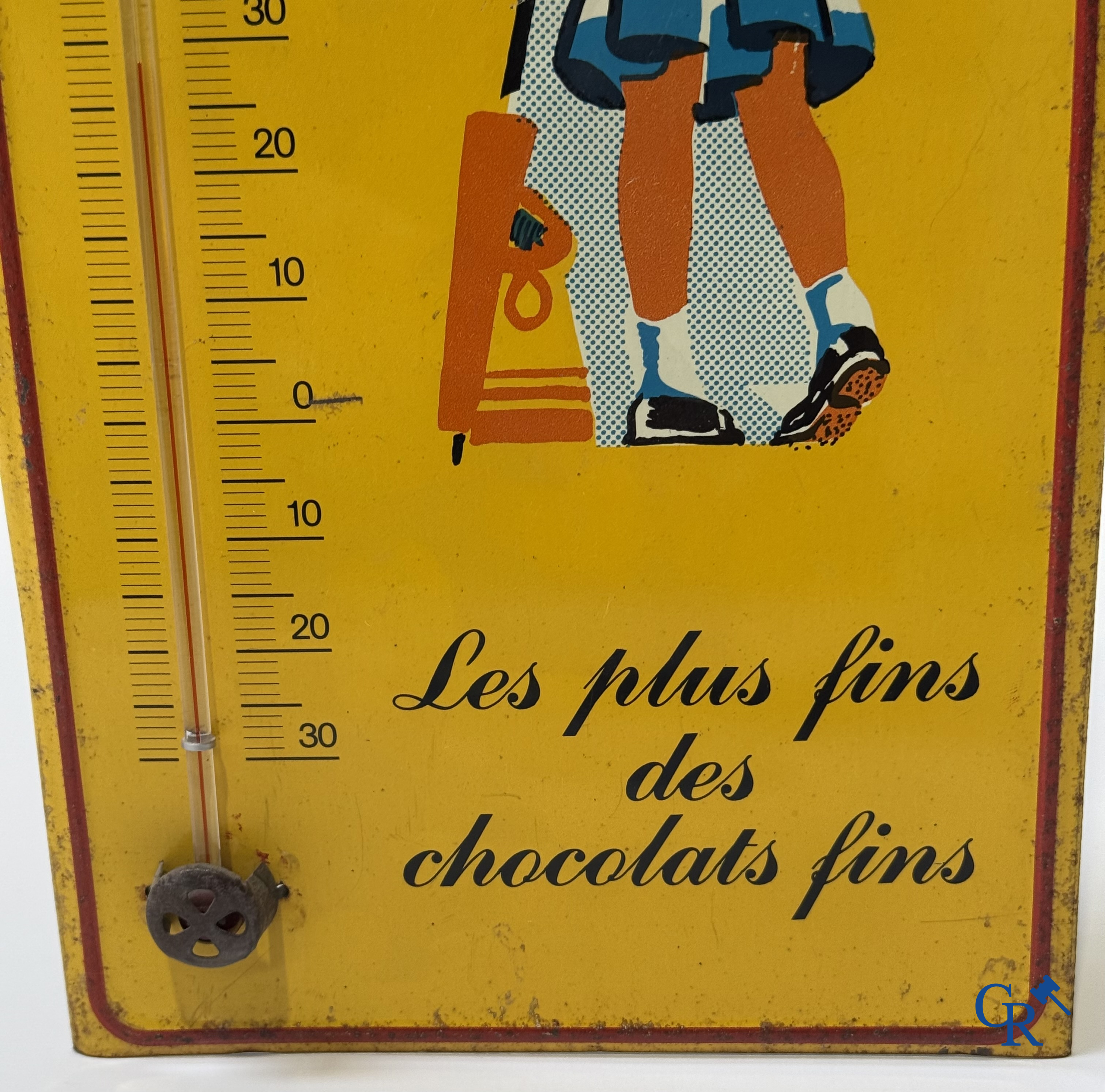 Menier, "Les plus fins des chocolats fins" publicity thermometer printed on metal. Probably 1960's.