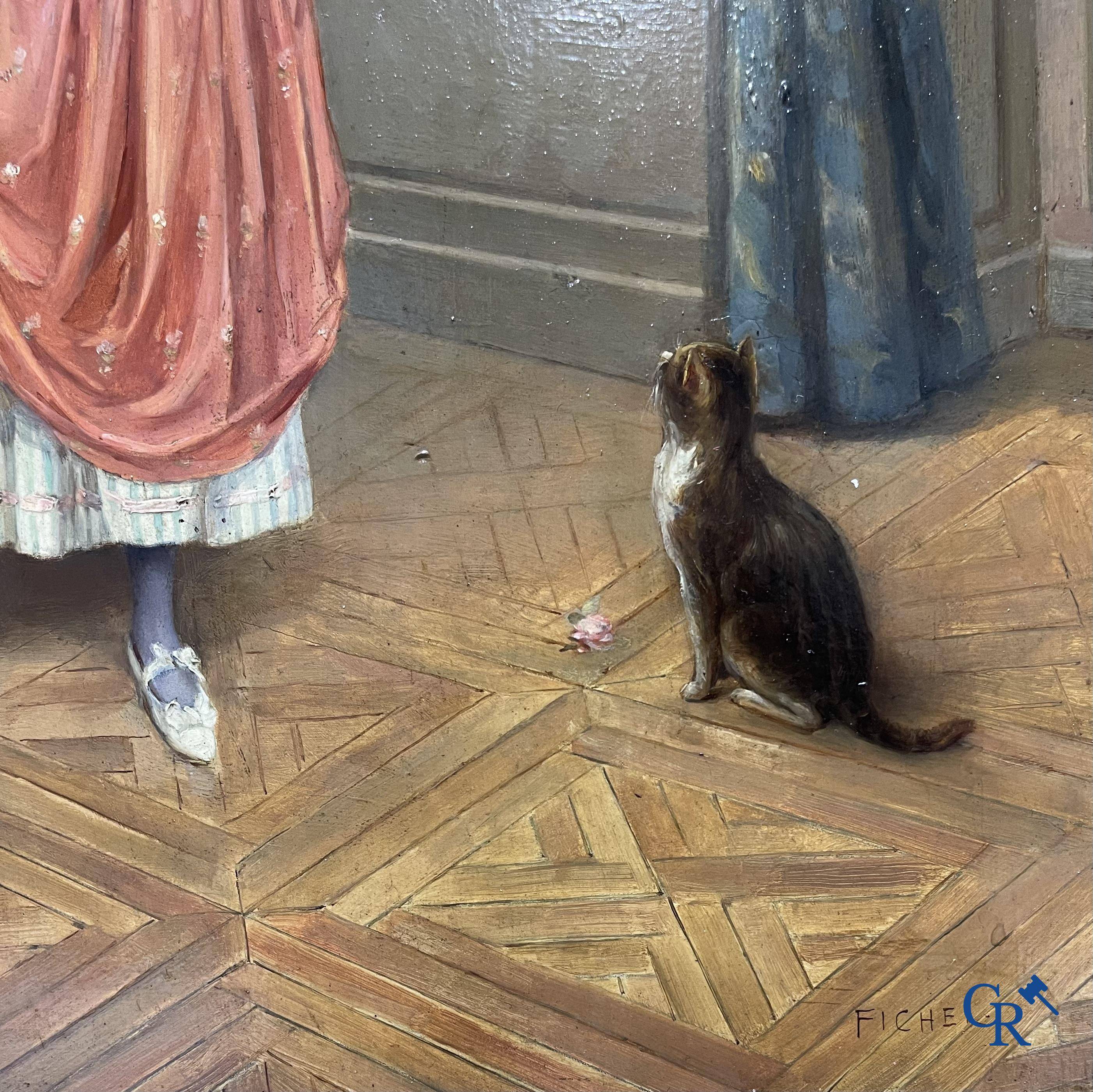 Eugène Benjamin Fichel (1826-1895) Romantic scene with beautiful gilded frame, oil on panel.