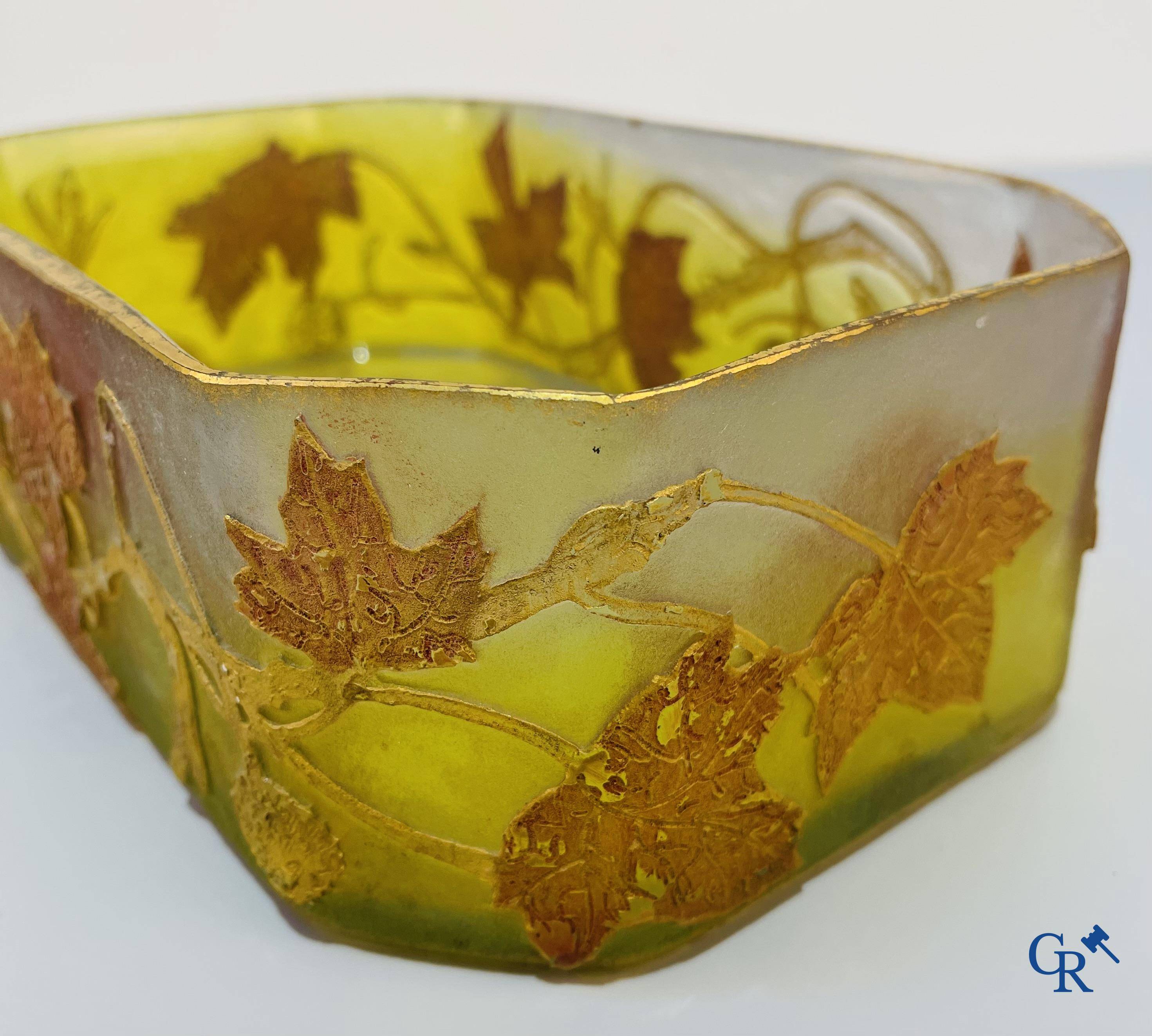 Daum Nancy. Large jardiniere in cameo glass with a decor of chestnut branches on a yellow relief background.