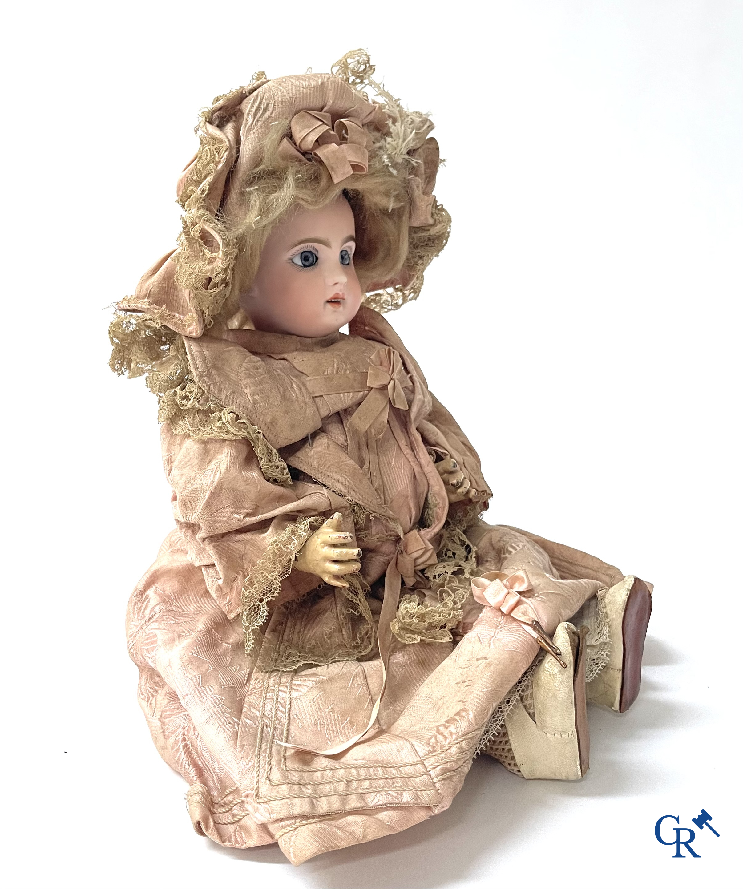 Old toys. Jumeau doll with porcelain head. Numbered 8, original clothing and shoes.