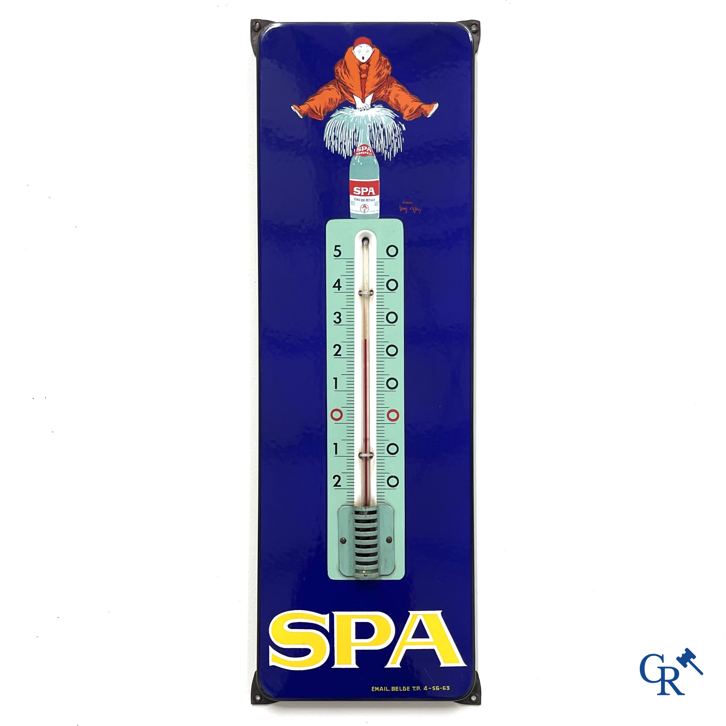 Spa, een emaille publiciteits thermometer met een voorstelling van "Pierrot". Emaillerie Belge 1963.