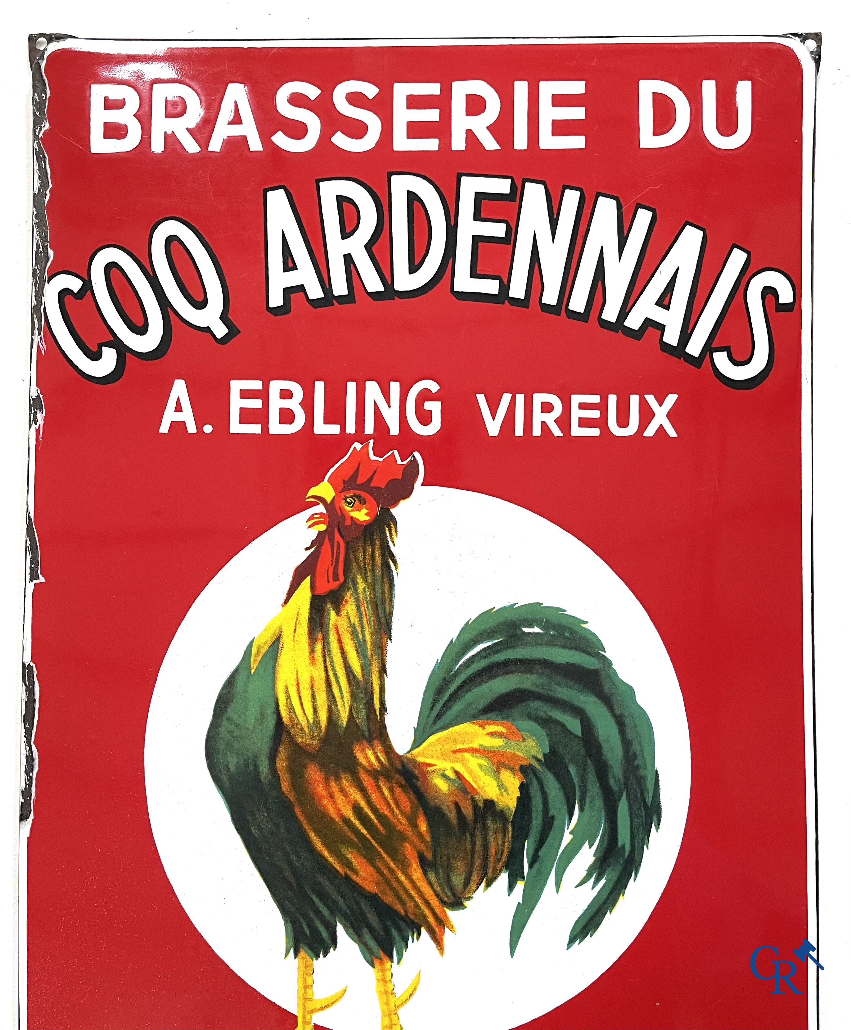 Brasserie du Coq Ardennais, Plaque émaillée publicitaire pour bières, sodas et limonades de la brasserie Ebling à Vireux.
