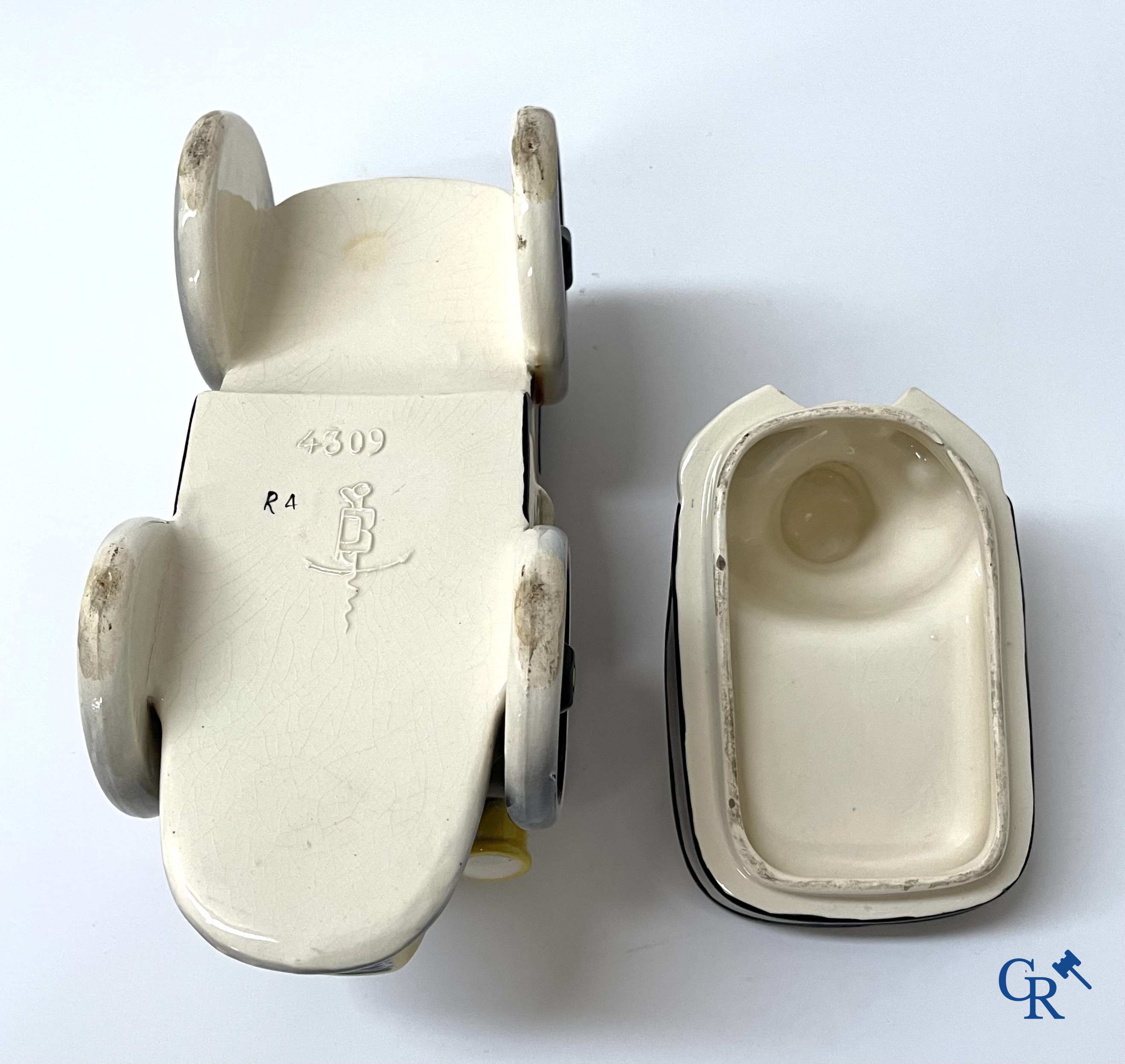 Faïencerie Fives Lille. L'Automobiliste, a large tobacco jar in the shape of a vintage car with a driver. Around 1910.