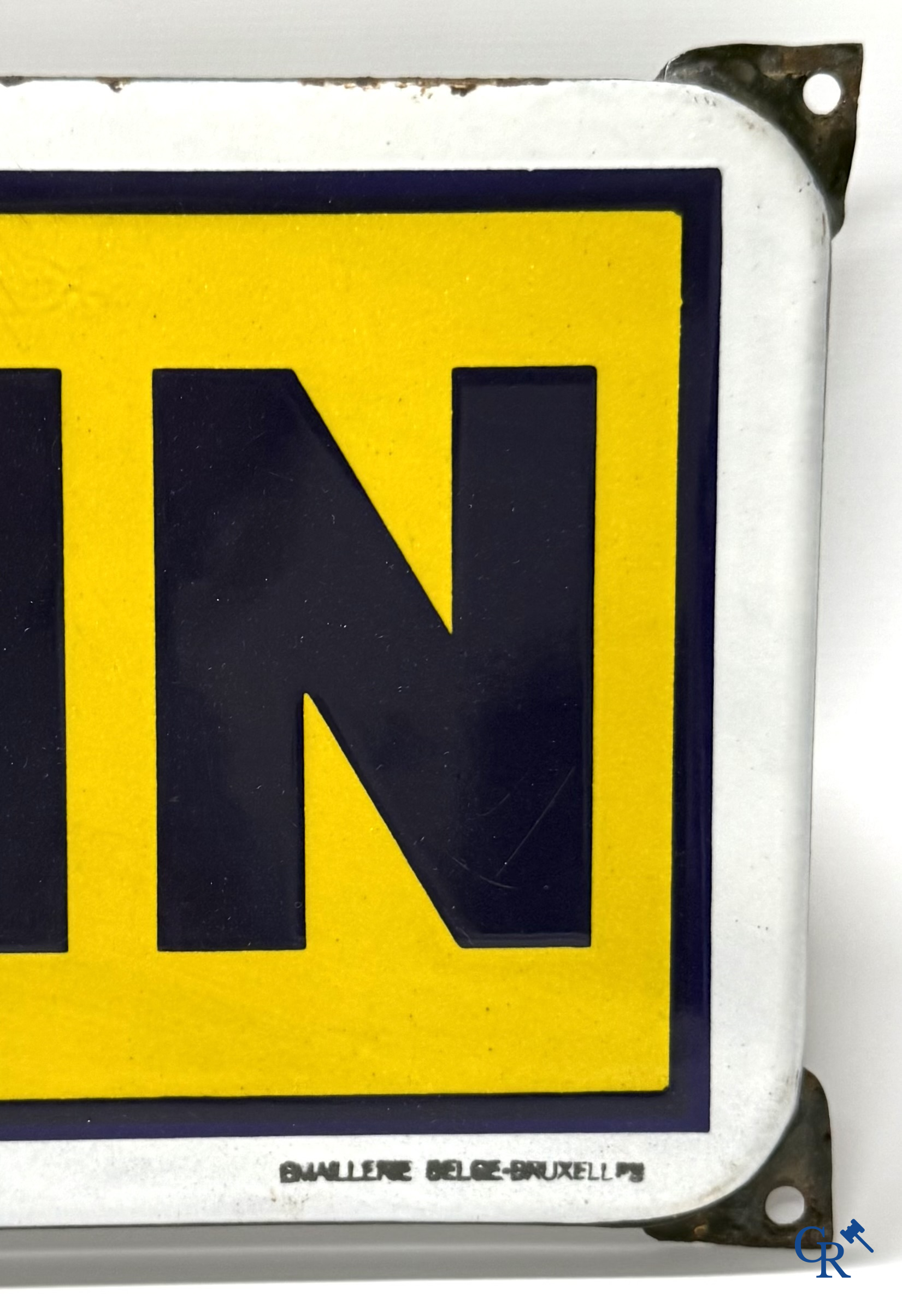 Michelin, enamel sign with Bibendum on bicycle. Emaillerie Belge, 1947.