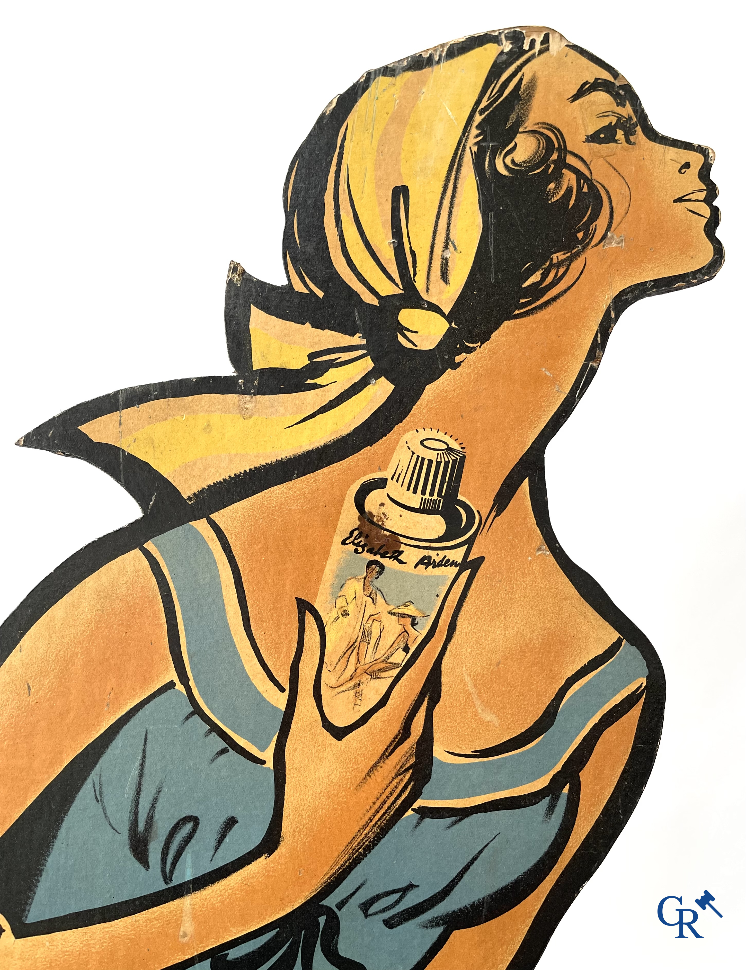 Elizabeth Arden, une grande publicité de vitrine pour les produits de beauté d'Elizabeth Arden. Vers 1950.